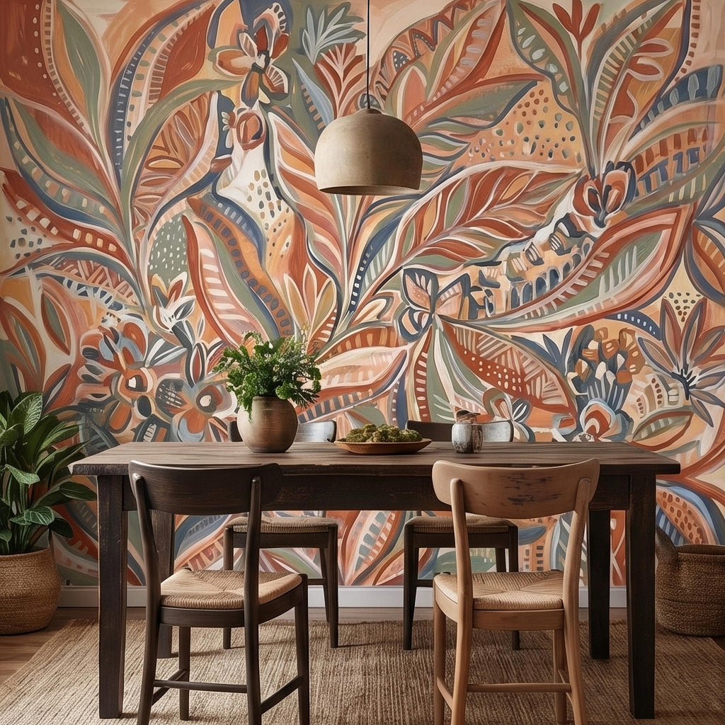 Boho Abstract Botanical Peel and Stick Wall Mural, Terracotta Sage Blush Tropical Leaves Floral Pattern Modern Earthy Hand Painted Wallpaper