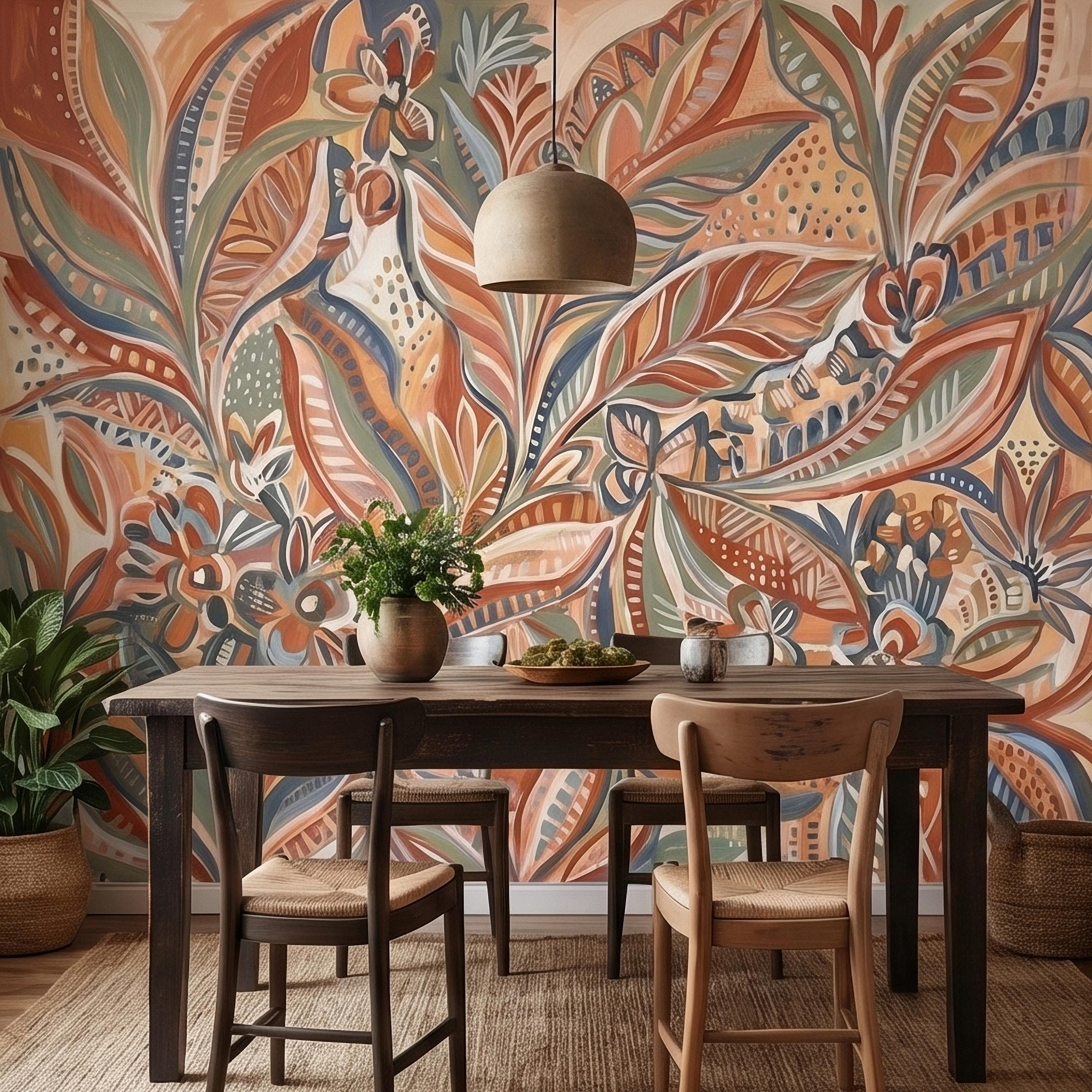 Boho Abstract Botanical Peel and Stick Wall Mural, Terracotta Sage Blush Tropical Leaves Floral Pattern Modern Earthy Hand Painted Wallpaper