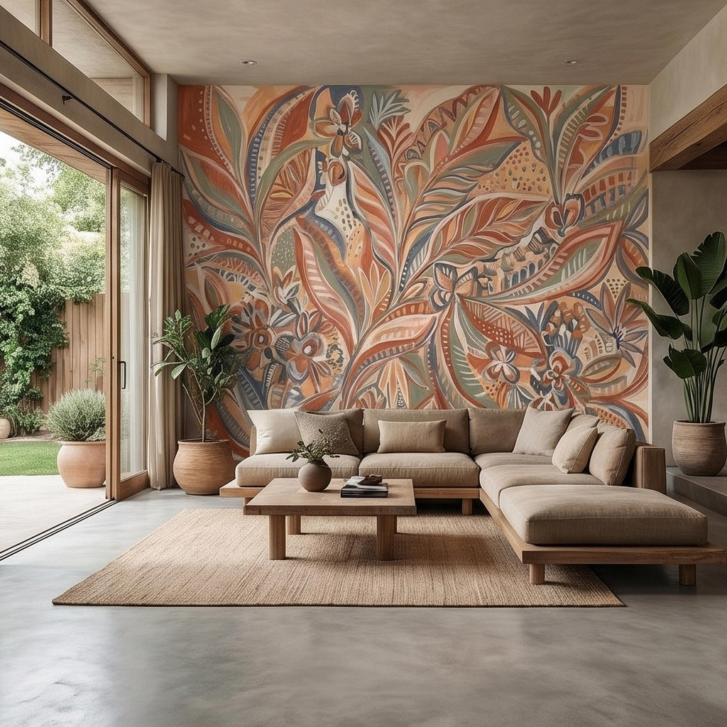 Boho Abstract Botanical Peel and Stick Wall Mural, Terracotta Sage Blush Tropical Leaves Floral Pattern Modern Earthy Hand Painted Wallpaper