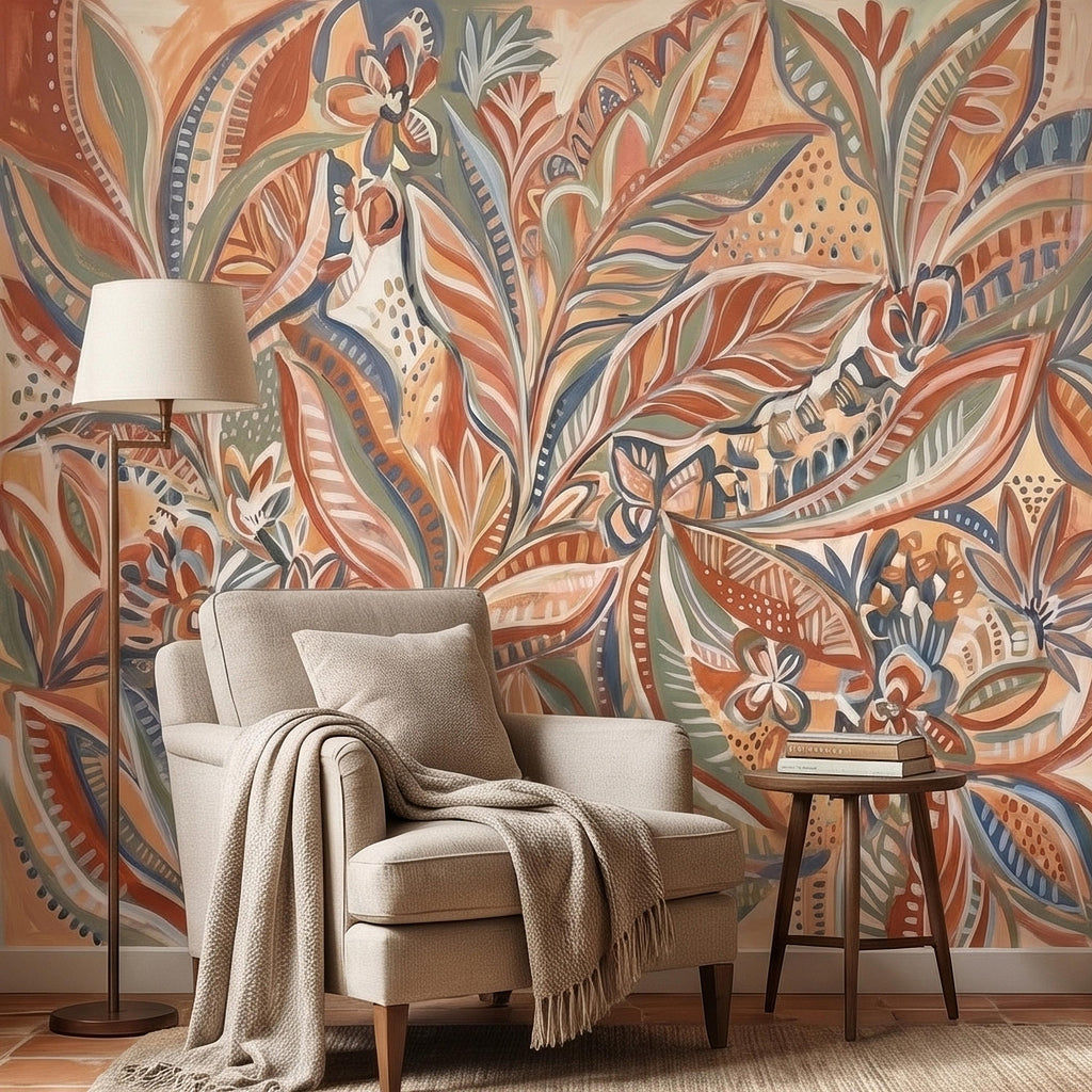 Boho Abstract Botanical Peel and Stick Wall Mural, Terracotta Sage Blush Tropical Leaves Floral Pattern Modern Earthy Hand Painted Wallpaper