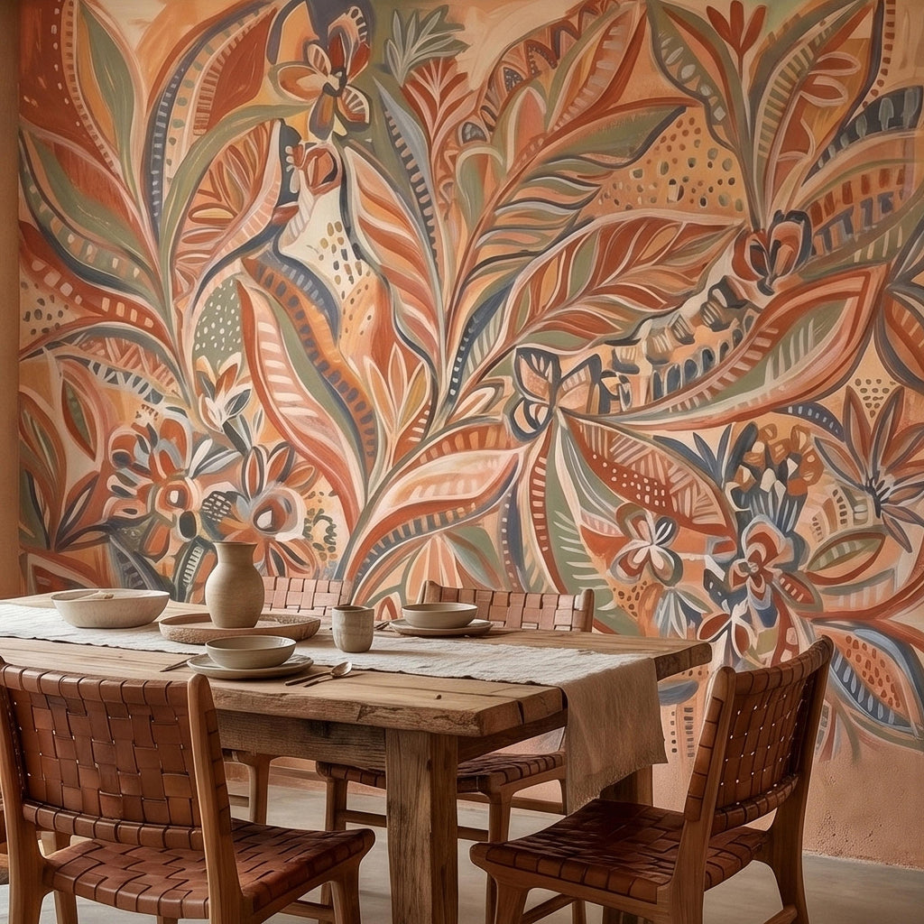 Boho Abstract Botanical Peel and Stick Wall Mural, Terracotta Sage Blush Tropical Leaves Floral Pattern Modern Earthy Hand Painted Wallpaper