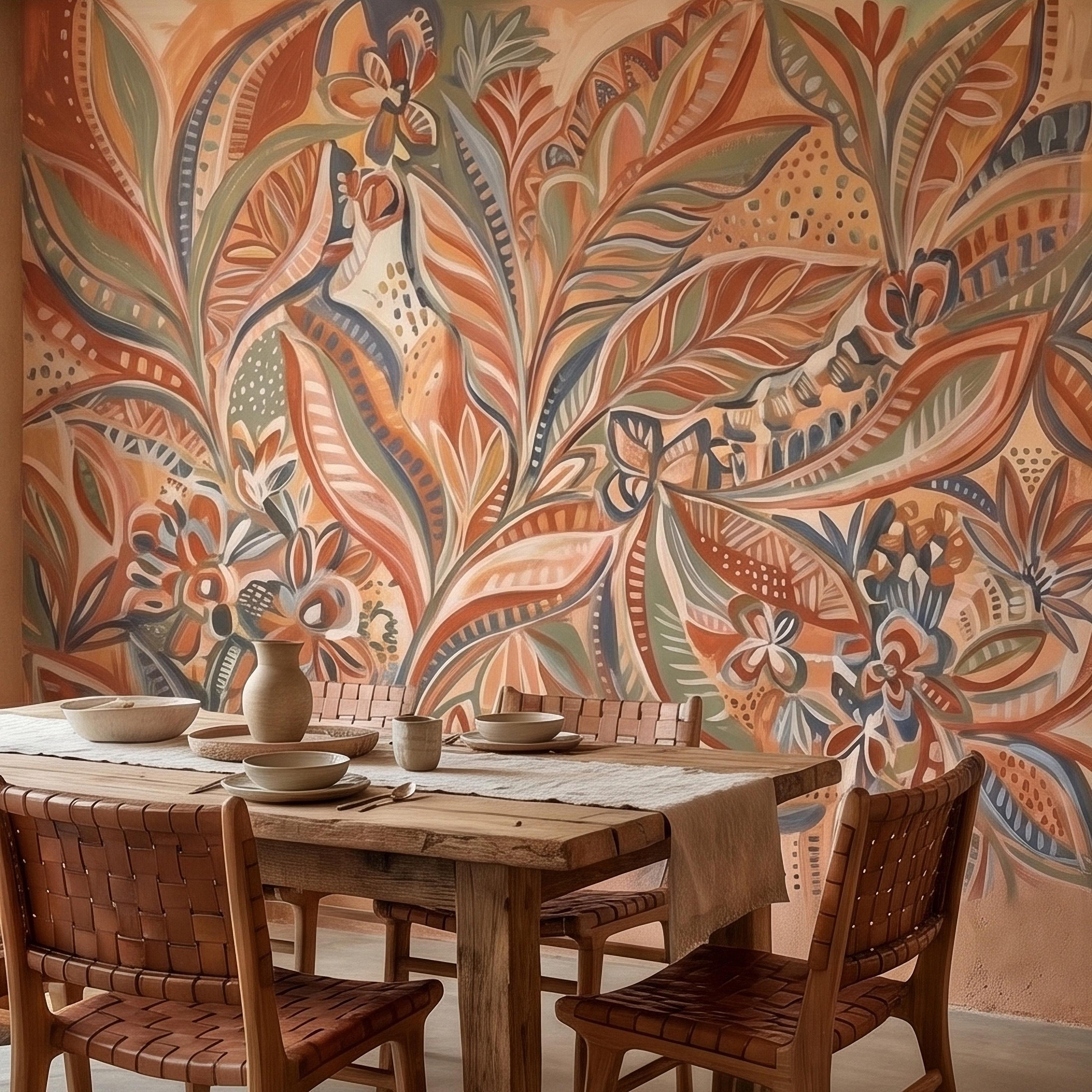Boho Abstract Botanical Peel and Stick Wall Mural, Terracotta Sage Blush Tropical Leaves Floral Pattern Modern Earthy Hand Painted Wallpaper