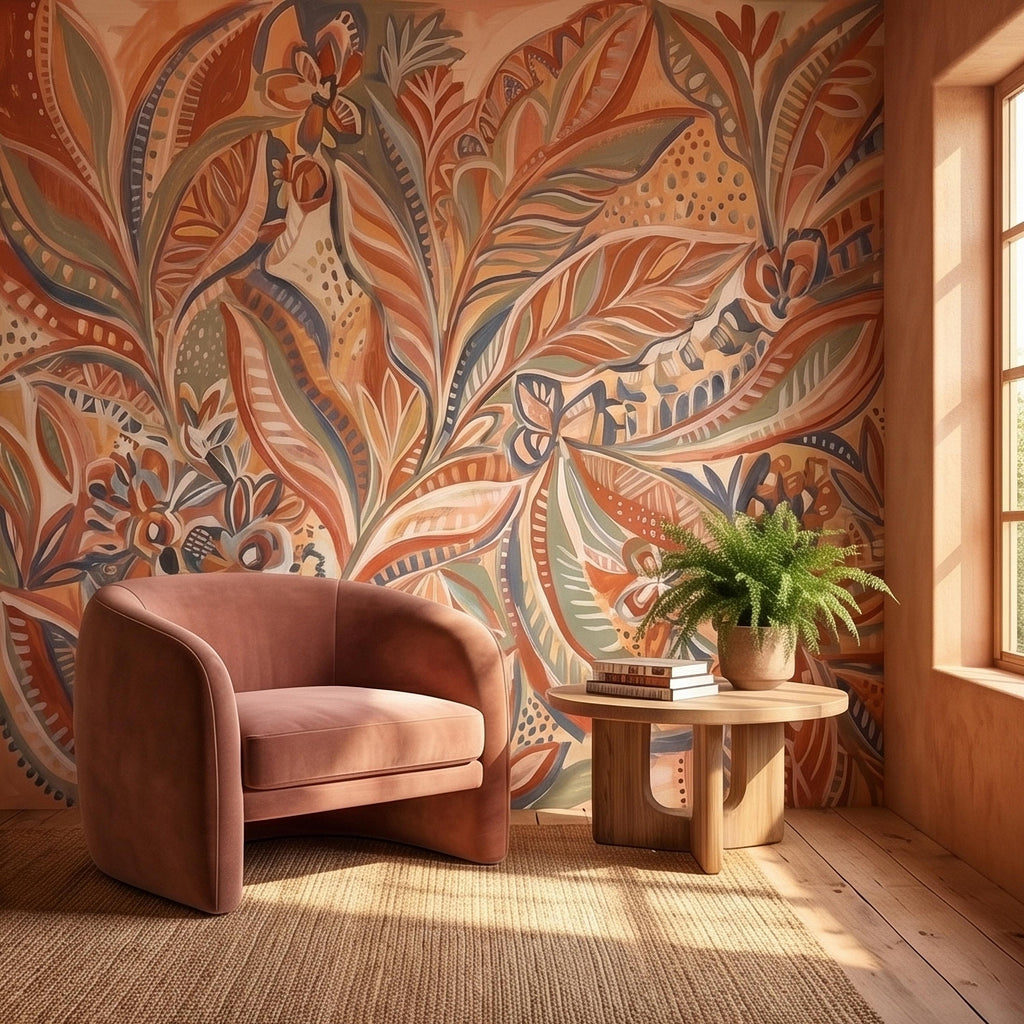 Boho Abstract Botanical Peel and Stick Wall Mural, Terracotta Sage Blush Tropical Leaves Floral Pattern Modern Earthy Hand Painted Wallpaper