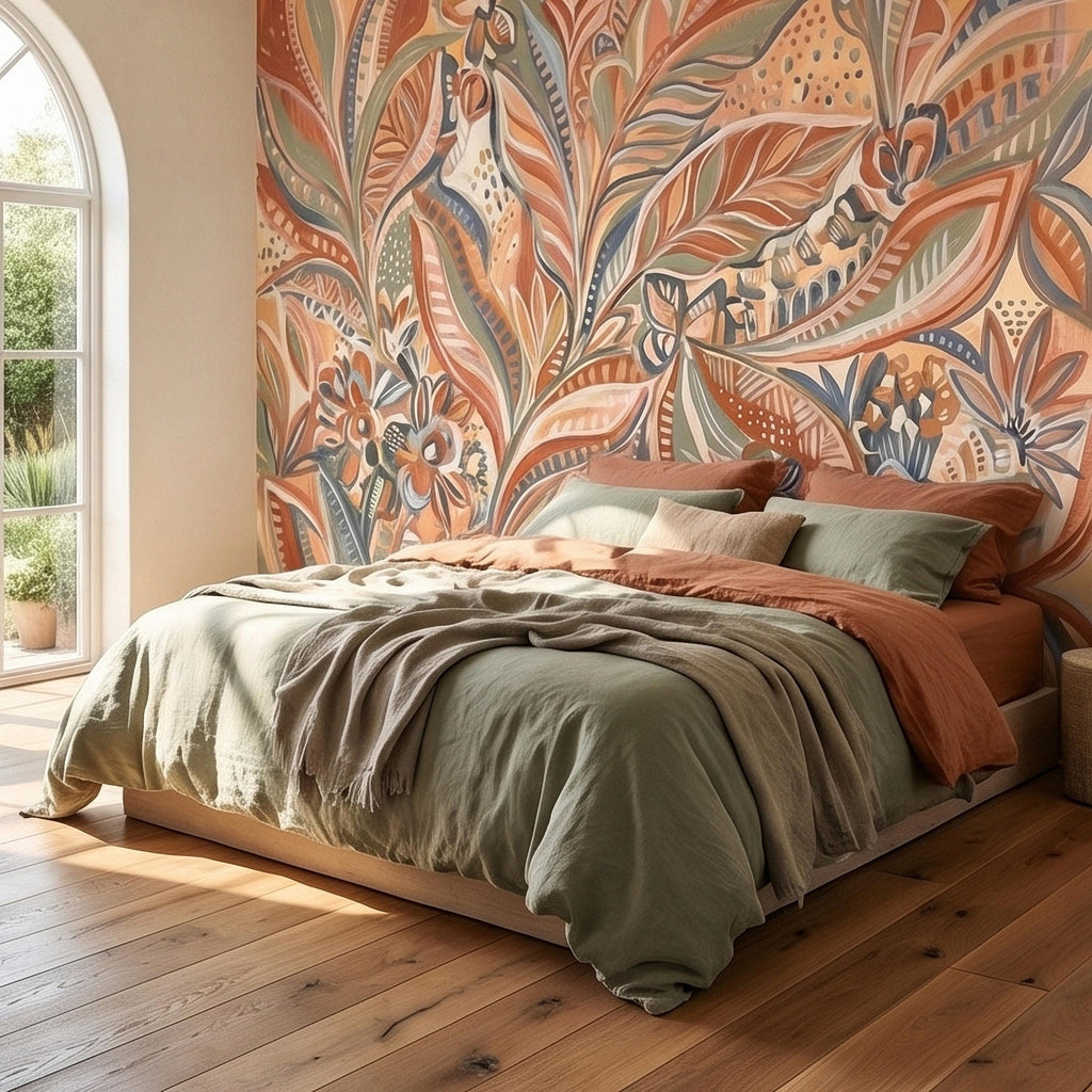 Boho Abstract Botanical Peel and Stick Wall Mural, Terracotta Sage Blush Tropical Leaves Floral Pattern Modern Earthy Hand Painted Wallpaper