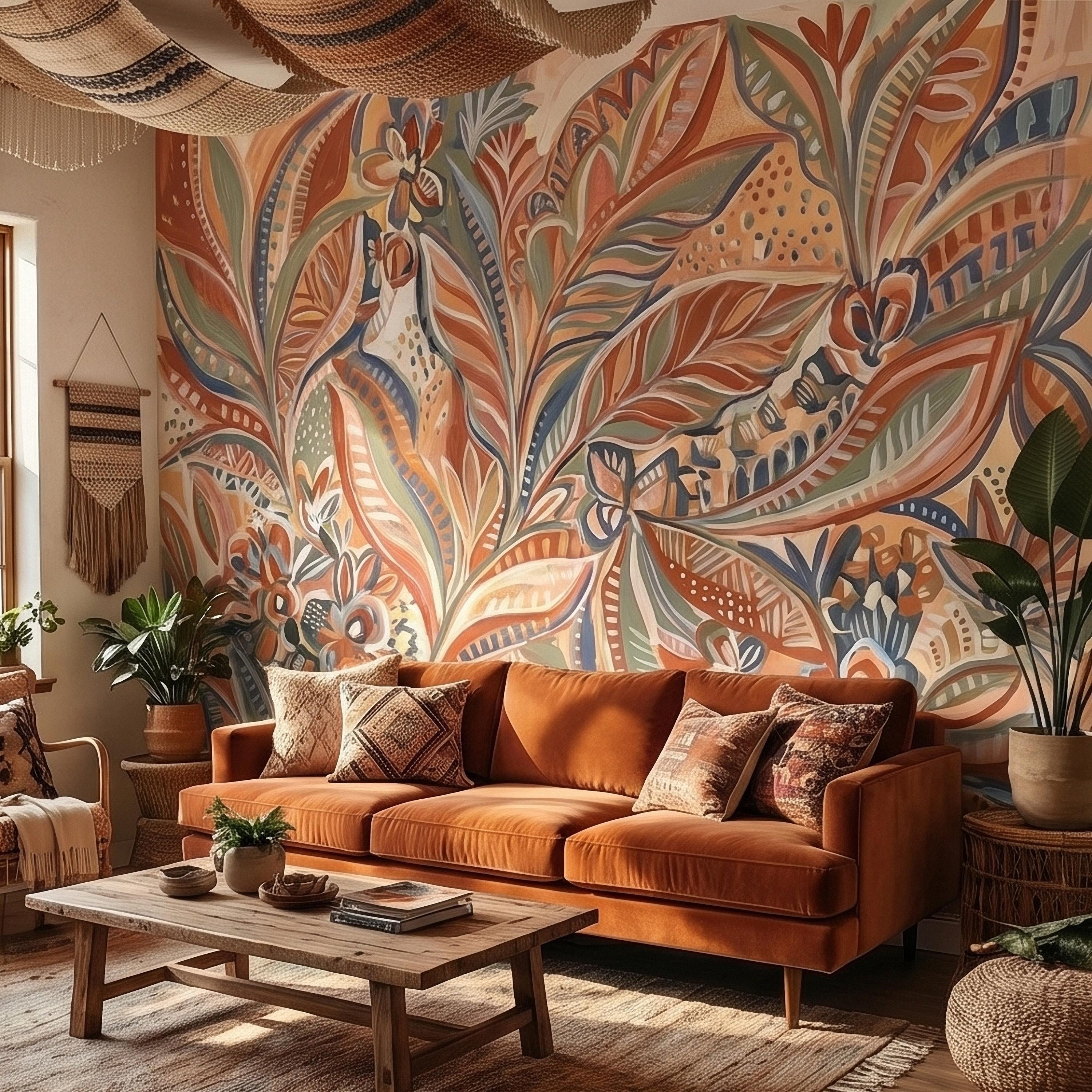 Boho Abstract Botanical Peel and Stick Wall Mural, Terracotta Sage Blush Tropical Leaves Floral Pattern Modern Earthy Hand Painted Wallpaper