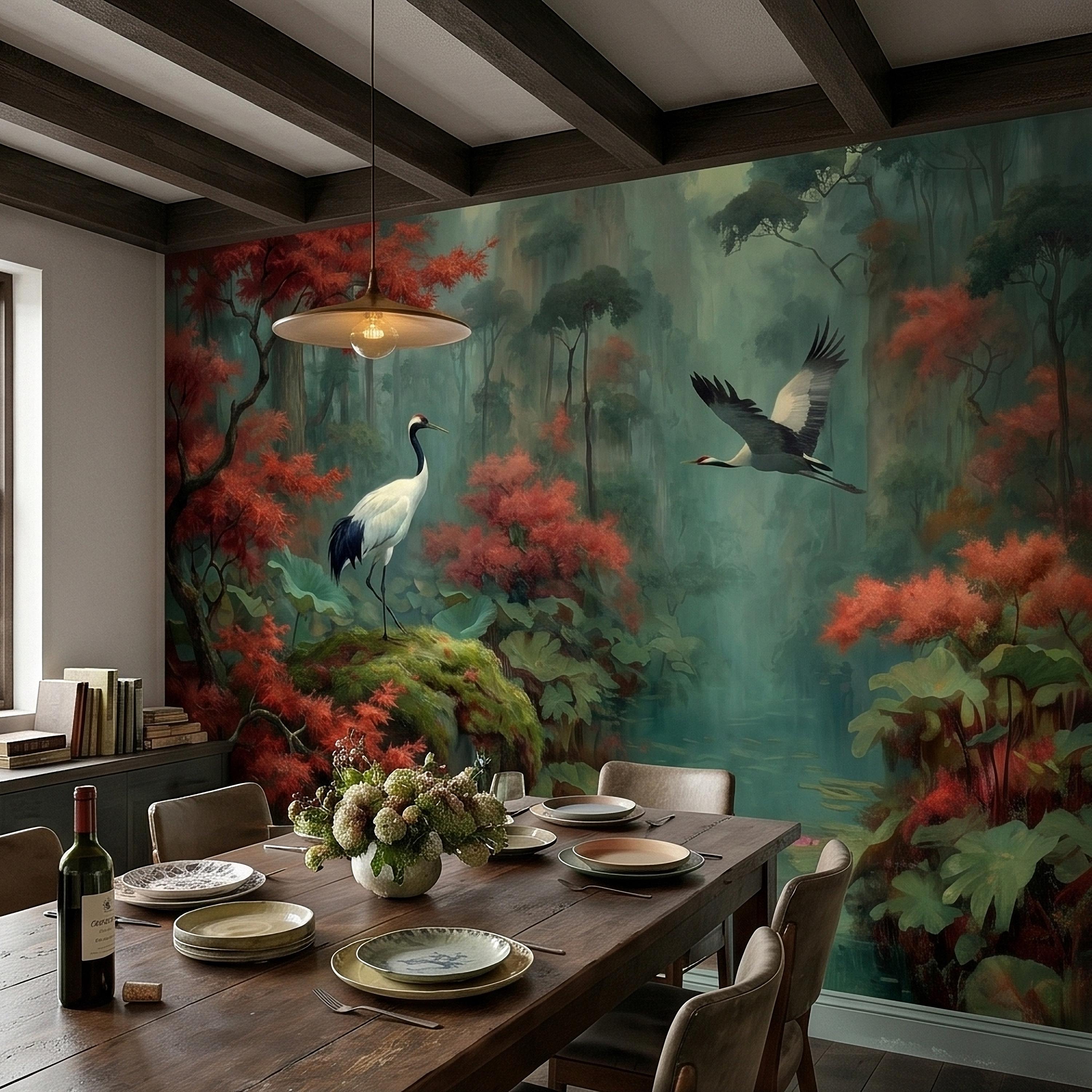 Japanese Crane Pond Peel and Stick Wall Mural, Misty Forest with Red Maple Leaves and Water Lilies, Teal Green Vintage Oriental Wallpaper