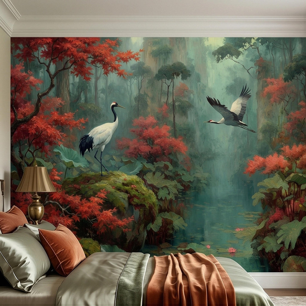Japanese Crane Pond Peel and Stick Wall Mural, Misty Forest with Red Maple Leaves and Water Lilies, Teal Green Vintage Oriental Wallpaper