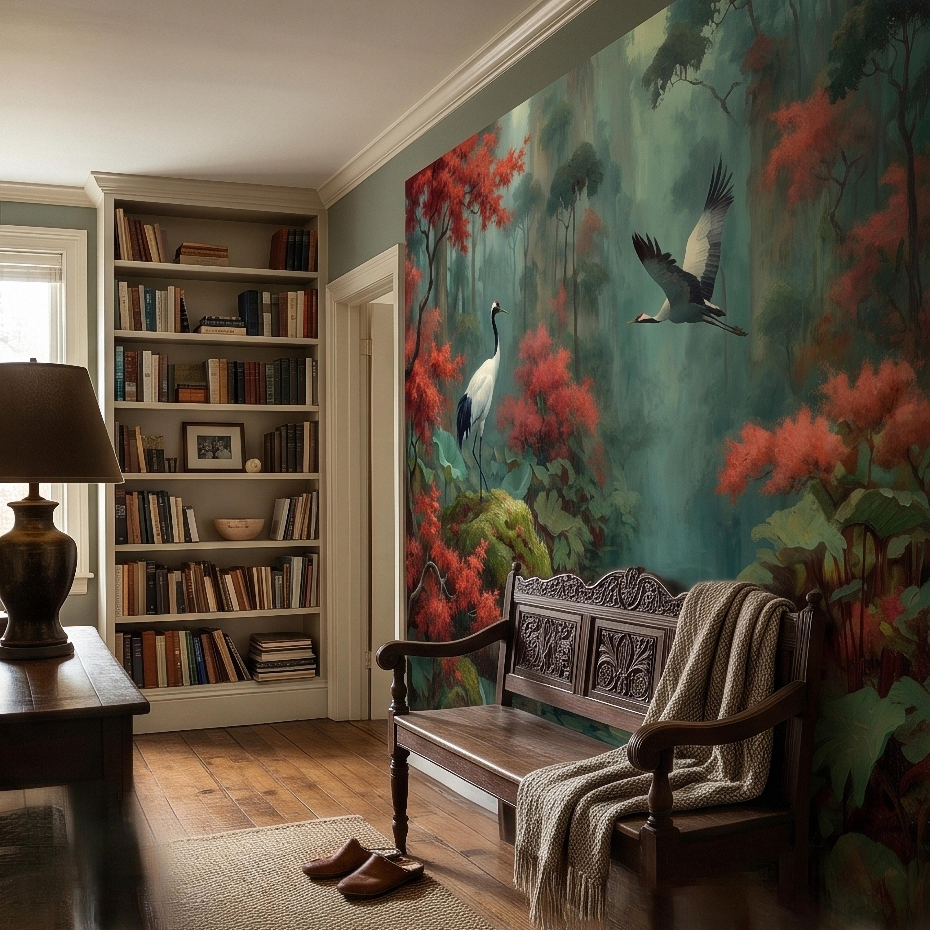 Japanese Crane Pond Peel and Stick Wall Mural, Misty Forest with Red Maple Leaves and Water Lilies, Teal Green Vintage Oriental Wallpaper