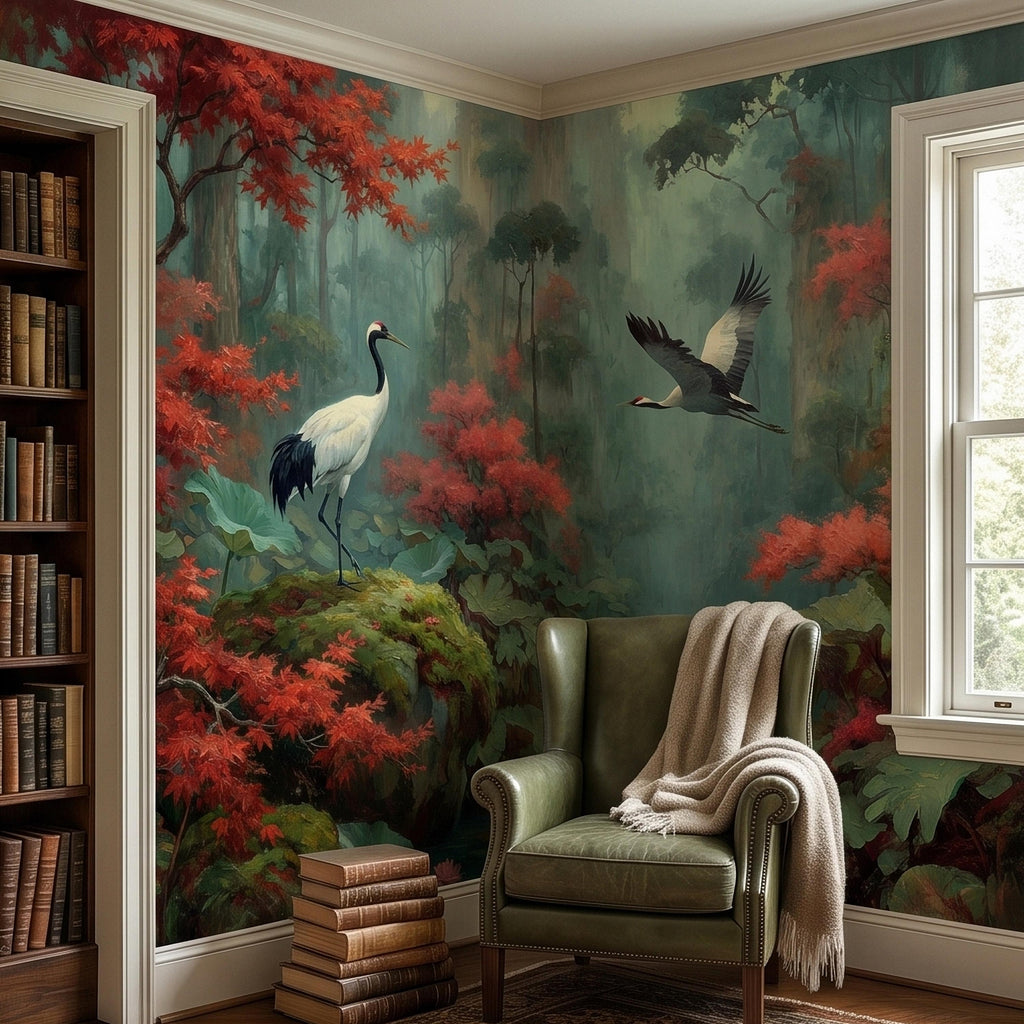 Japanese Crane Pond Peel and Stick Wall Mural, Misty Forest with Red Maple Leaves and Water Lilies, Teal Green Vintage Oriental Wallpaper