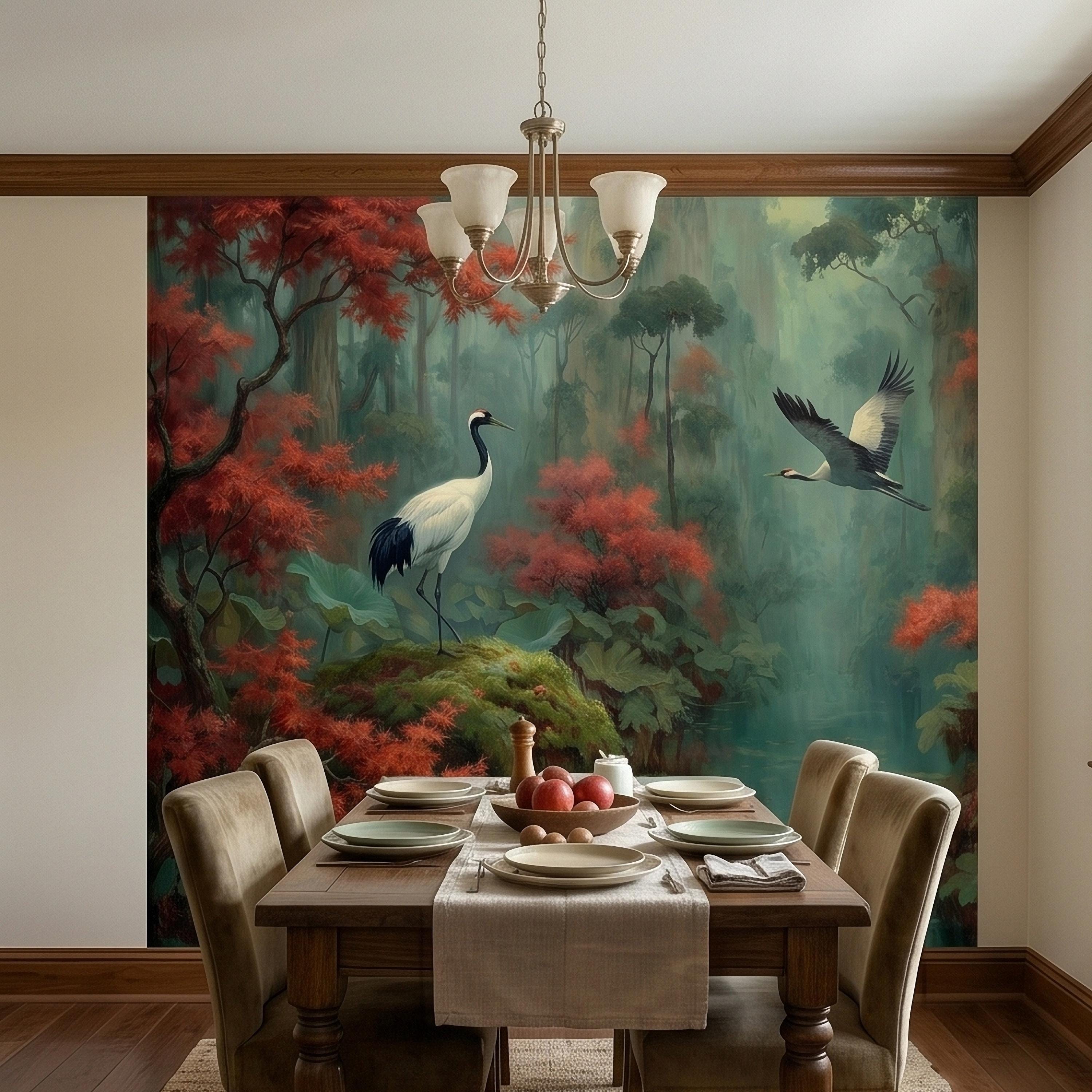 Japanese Crane Pond Peel and Stick Wall Mural, Misty Forest with Red Maple Leaves and Water Lilies, Teal Green Vintage Oriental Wallpaper