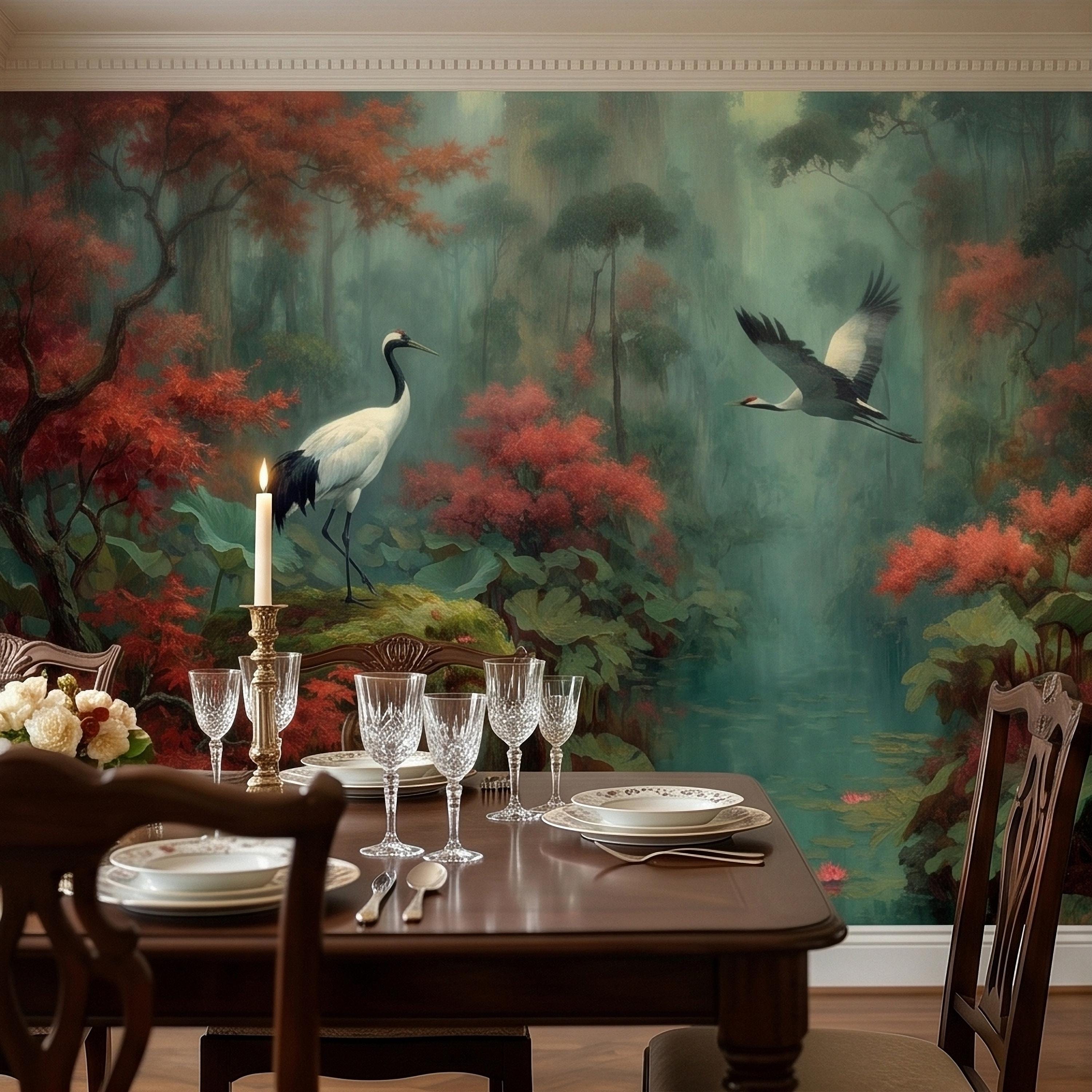 Japanese Crane Pond Peel and Stick Wall Mural, Misty Forest with Red Maple Leaves and Water Lilies, Teal Green Vintage Oriental Wallpaper