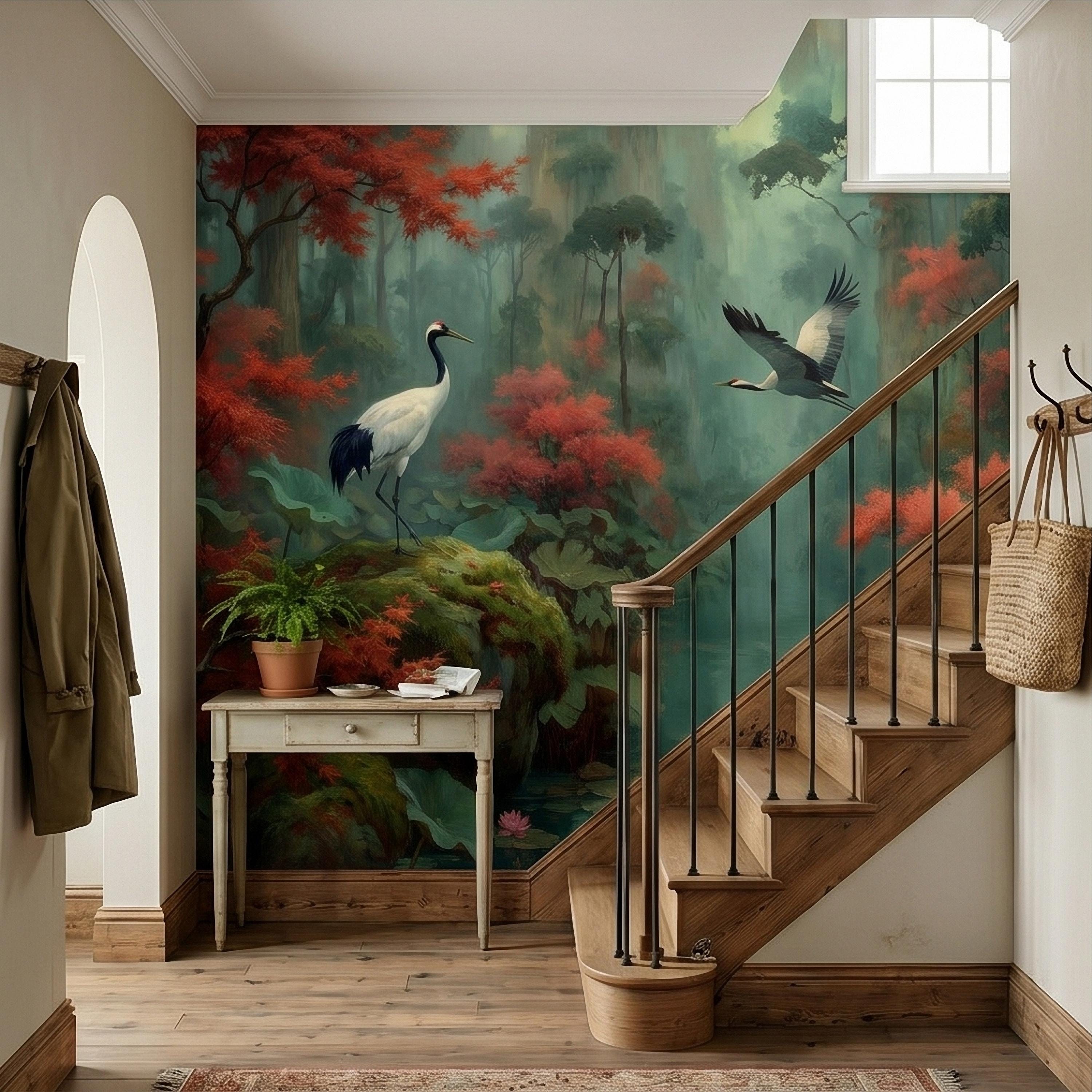 Japanese Crane Pond Peel and Stick Wall Mural, Misty Forest with Red Maple Leaves and Water Lilies, Teal Green Vintage Oriental Wallpaper