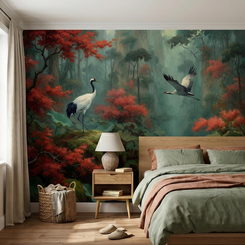 Japanese Crane Pond Peel and Stick Wall Mural, Misty Forest with Red Maple Leaves and Water Lilies, Teal Green Vintage Oriental Wallpaper
