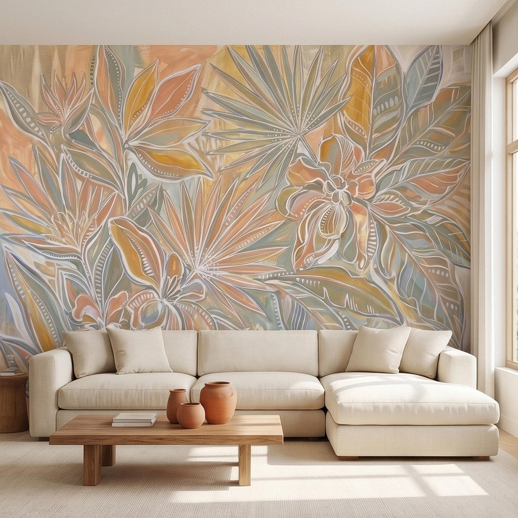 Boho Tropical Palm Leaves Peel and Stick Wall Mural, Pastel Peach Sage Terracotta Botanical Line Art, Modern Hand Painted Abstract Wallpaper