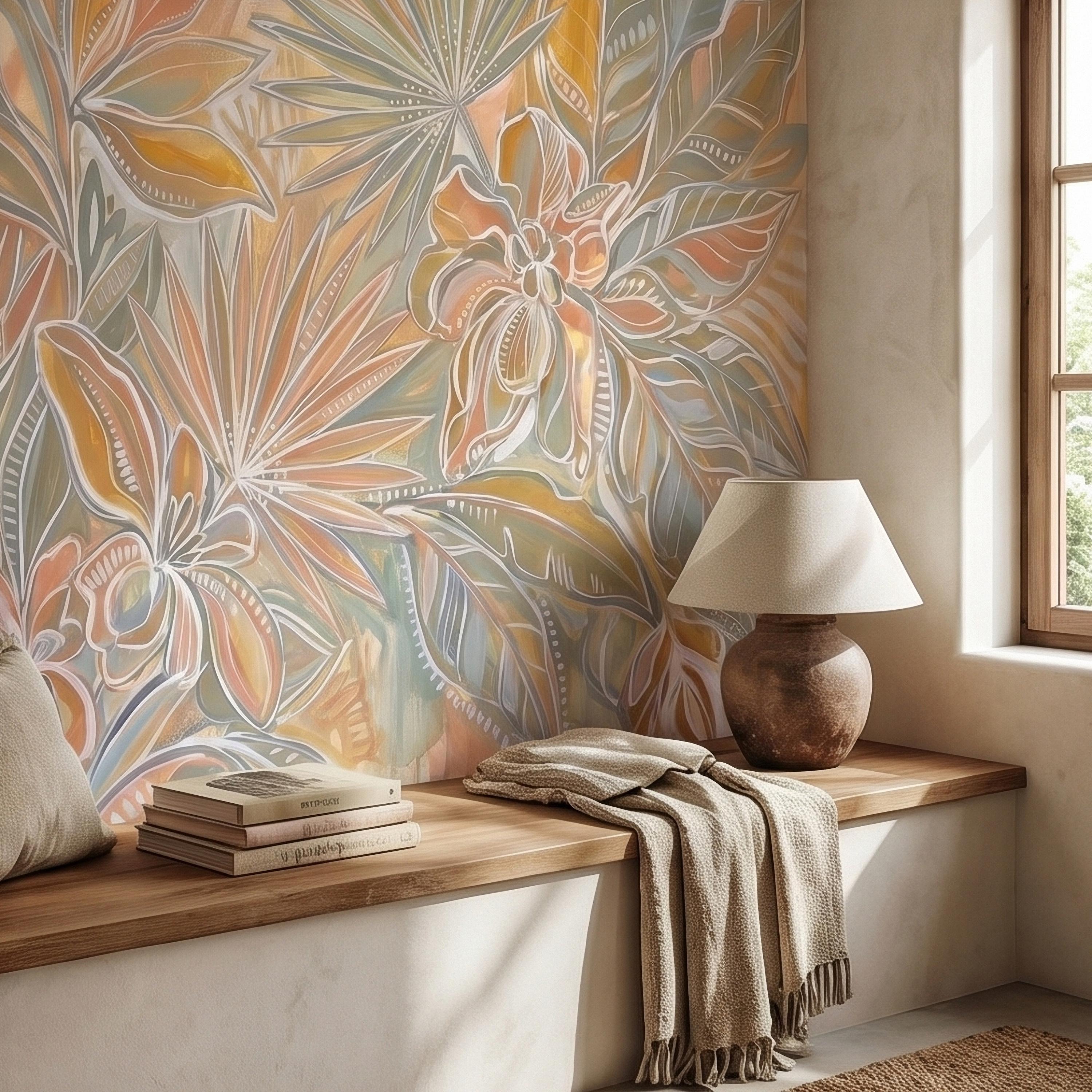 Boho Tropical Palm Leaves Peel and Stick Wall Mural, Pastel Peach Sage Terracotta Botanical Line Art, Modern Hand Painted Abstract Wallpaper