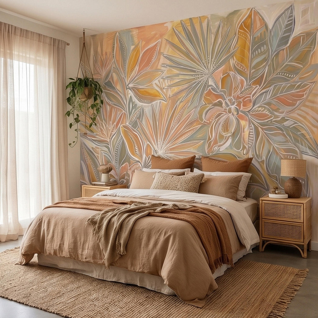 Boho Tropical Palm Leaves Peel and Stick Wall Mural, Pastel Peach Sage Terracotta Botanical Line Art, Modern Hand Painted Abstract Wallpaper