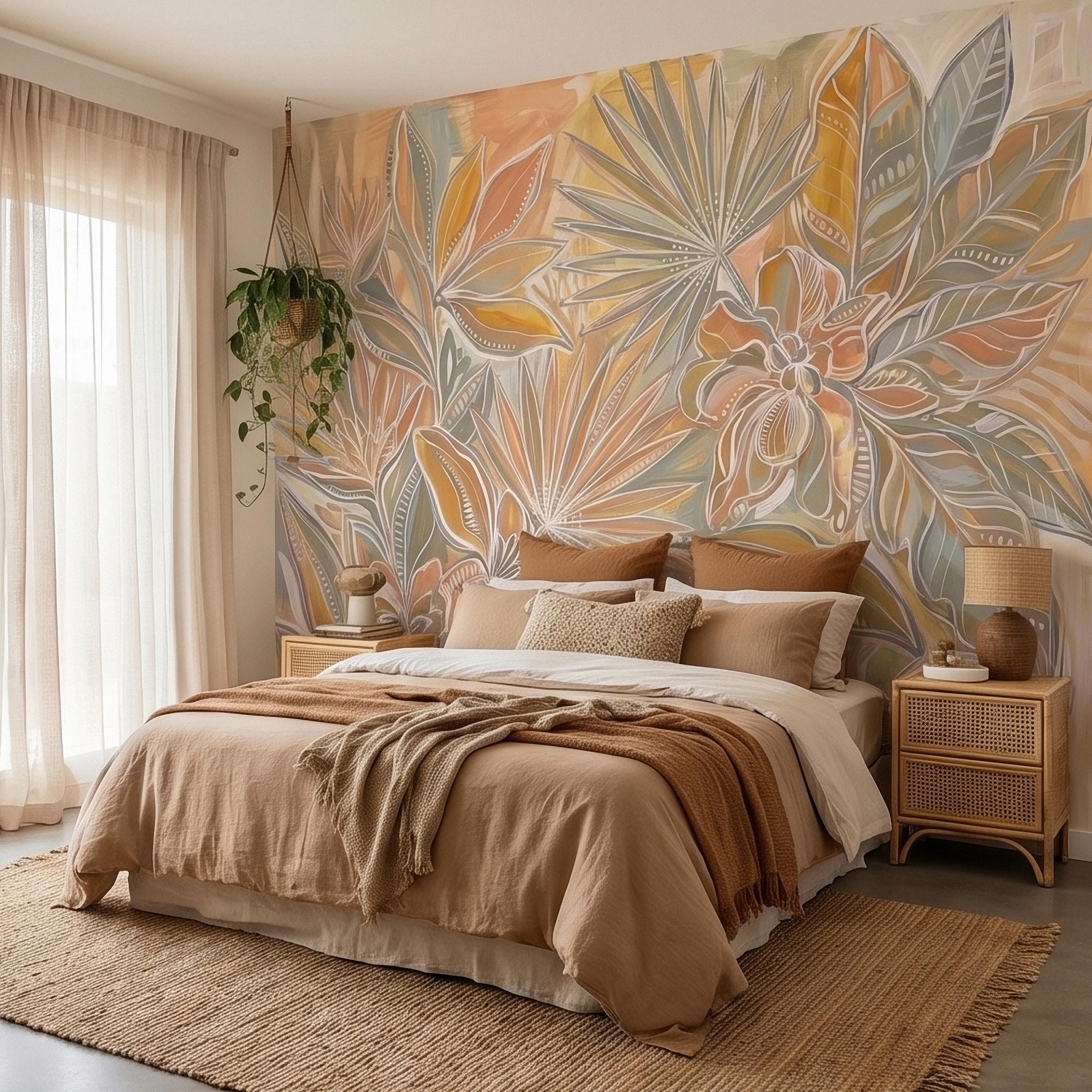 Boho Tropical Palm Leaves Peel and Stick Wall Mural, Pastel Peach Sage Terracotta Botanical Line Art, Modern Hand Painted Abstract Wallpaper