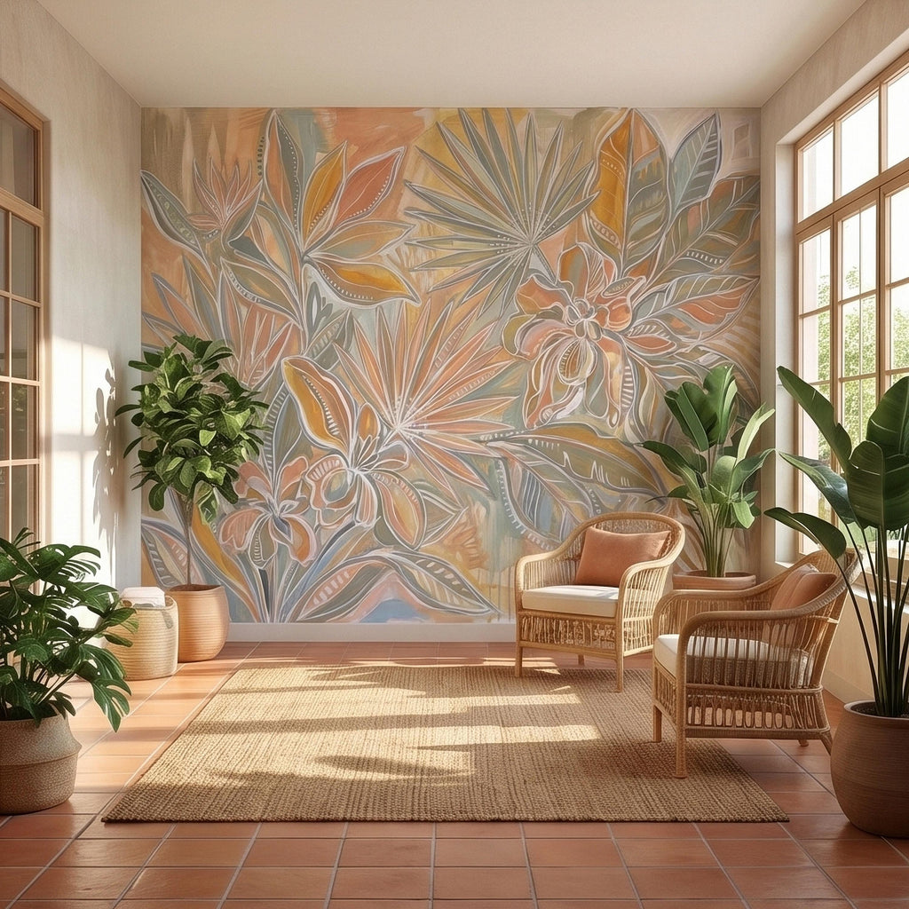 Boho Tropical Palm Leaves Peel and Stick Wall Mural, Pastel Peach Sage Terracotta Botanical Line Art, Modern Hand Painted Abstract Wallpaper