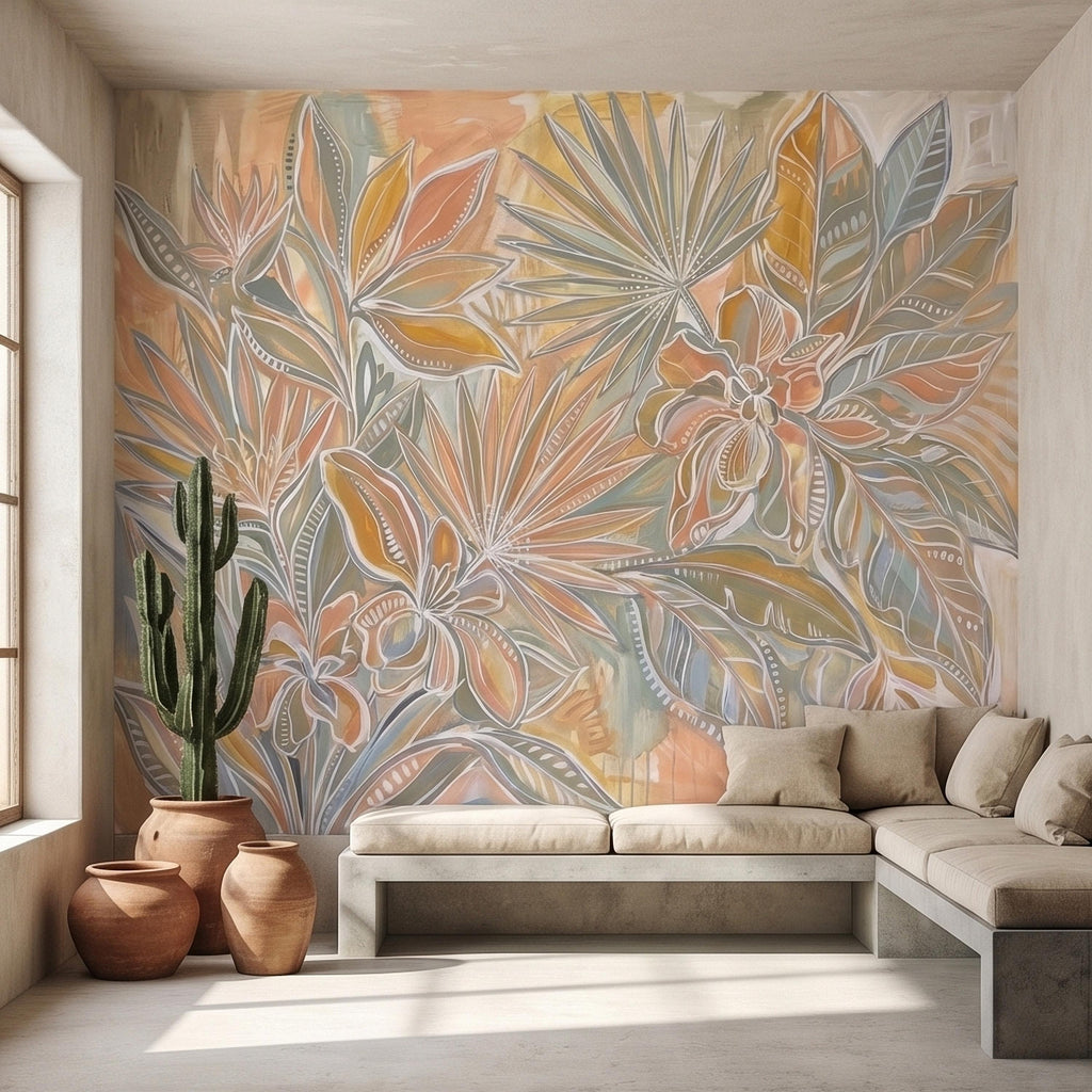 Boho Tropical Palm Leaves Peel and Stick Wall Mural, Pastel Peach Sage Terracotta Botanical Line Art, Modern Hand Painted Abstract Wallpaper