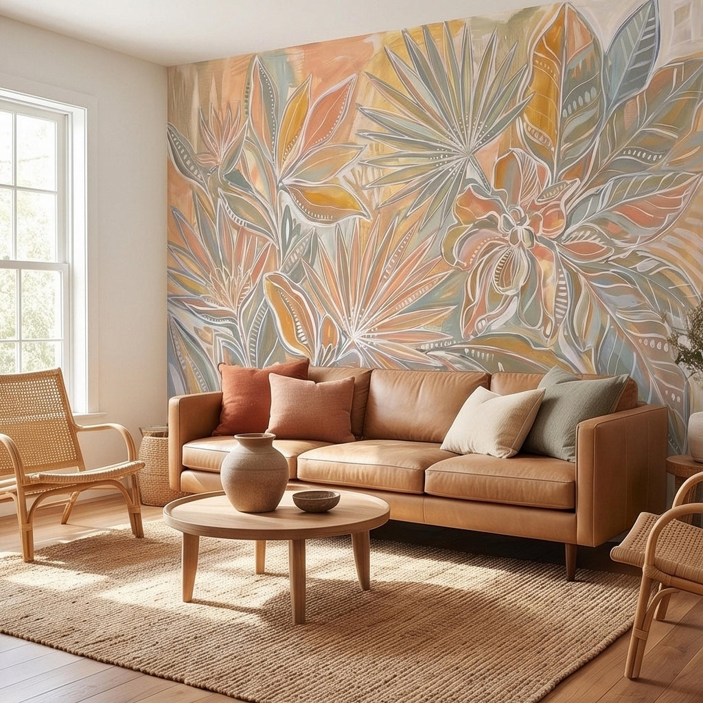 Boho Tropical Palm Leaves Peel and Stick Wall Mural, Pastel Peach Sage Terracotta Botanical Line Art, Modern Hand Painted Abstract Wallpaper