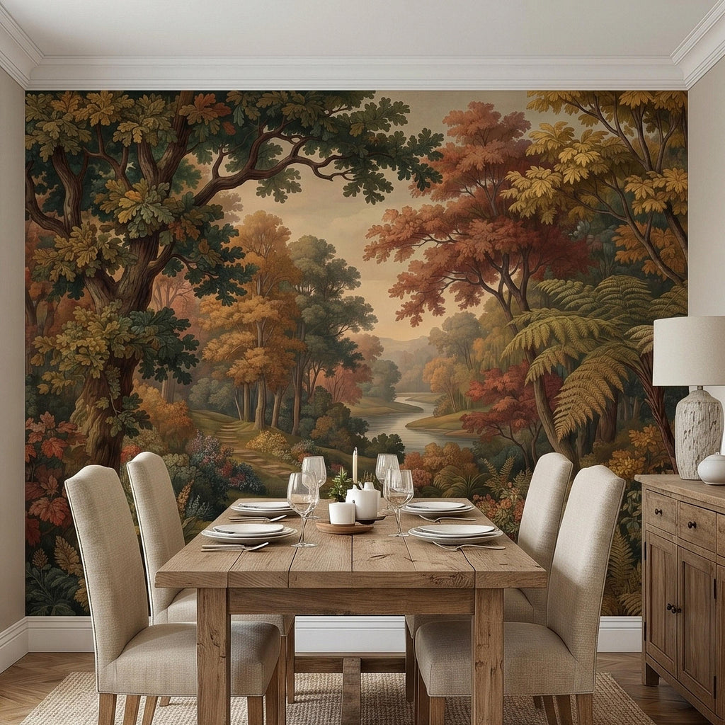 Autumn Woodland River Peel and Stick Wall Mural, Vintage Scenic Forest Path Landscape with Warm Fall Foliage, Classic Botanical Wallpaper
