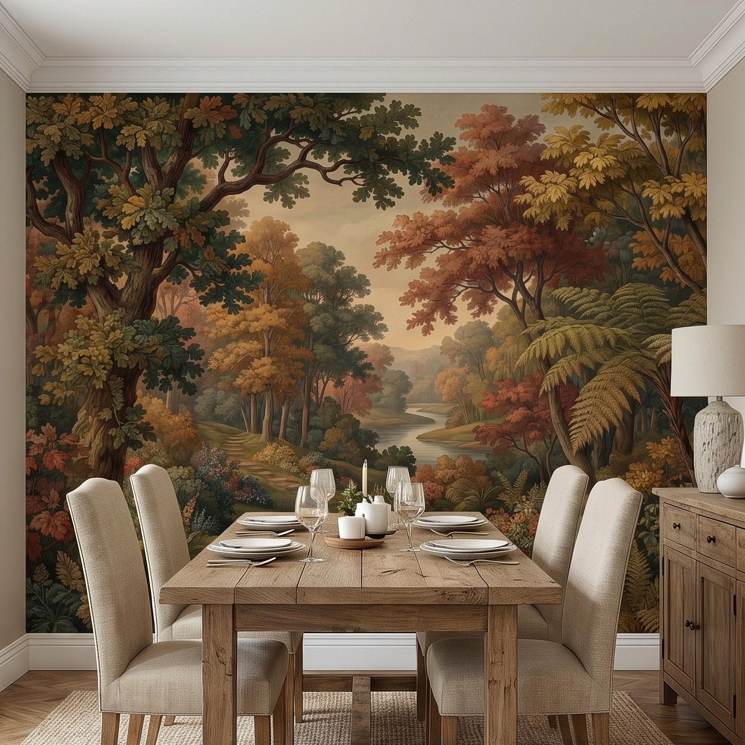 Autumn Woodland River Peel and Stick Wall Mural, Vintage Scenic Forest Path Landscape with Warm Fall Foliage, Classic Botanical Wallpaper