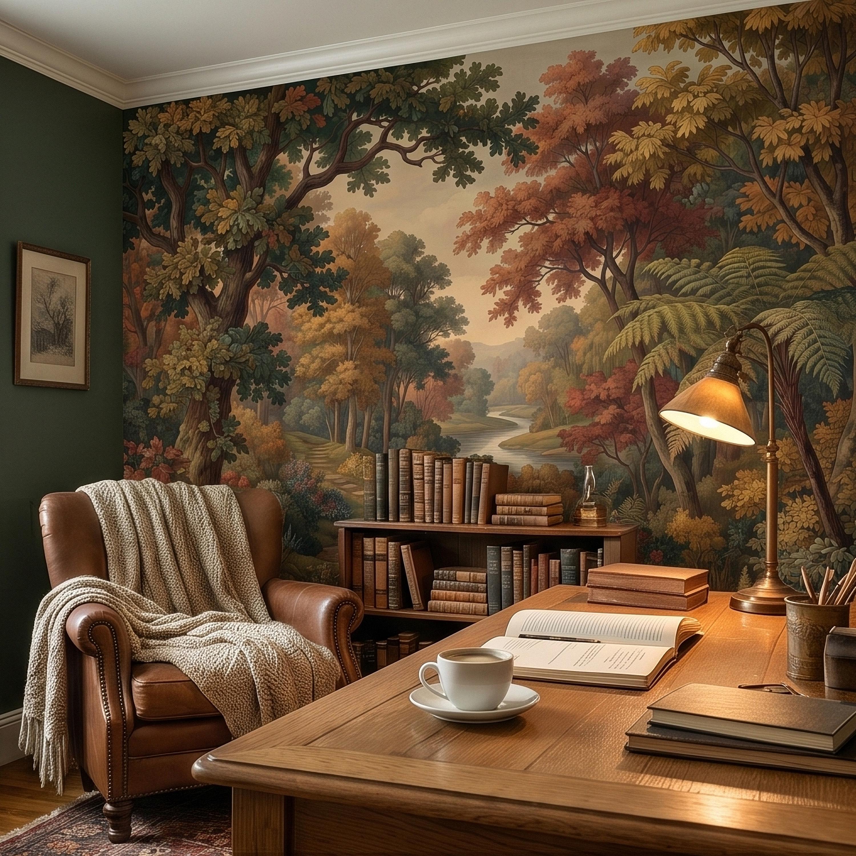 Autumn Woodland River Peel and Stick Wall Mural, Vintage Scenic Forest Path Landscape with Warm Fall Foliage, Classic Botanical Wallpaper
