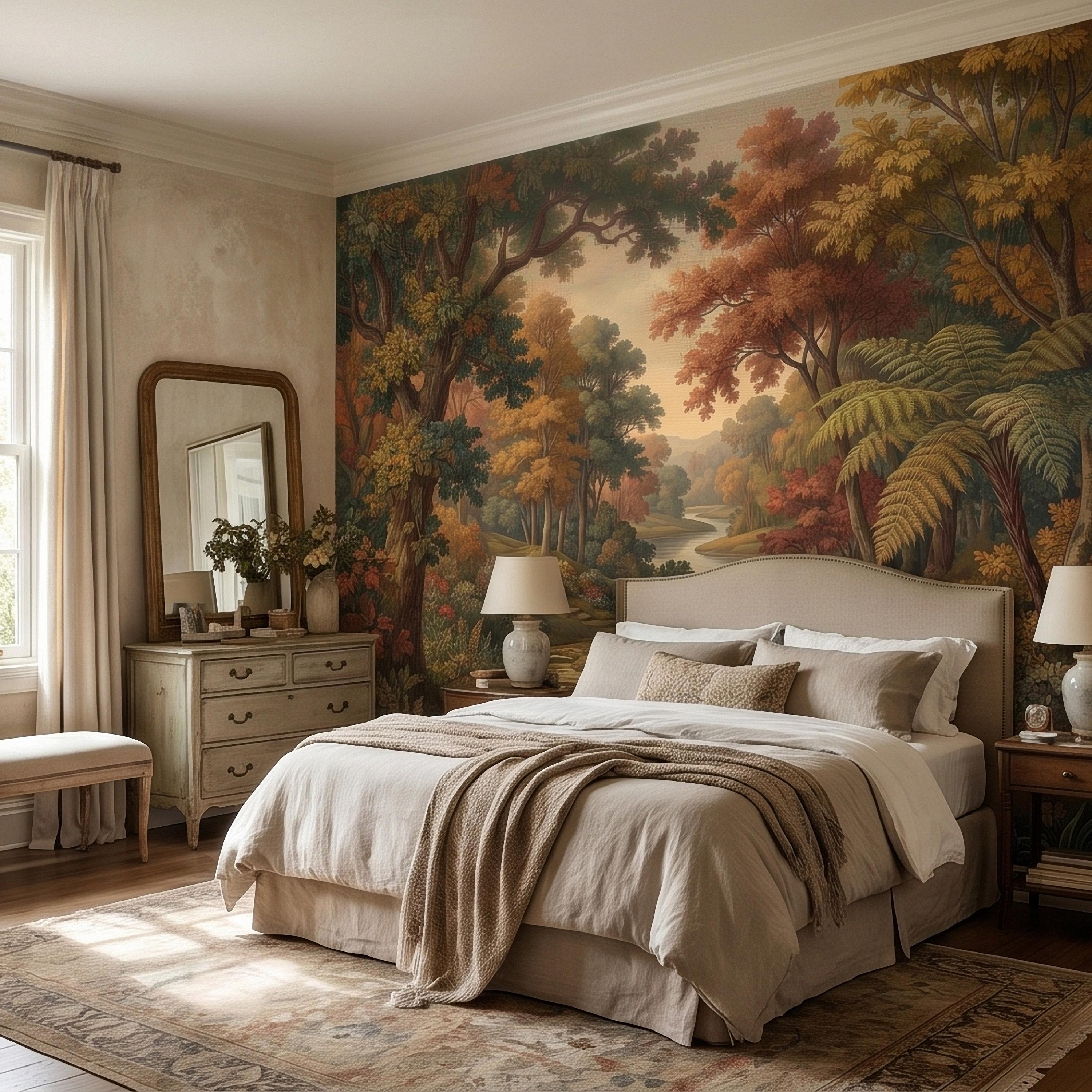 Autumn Woodland River Peel and Stick Wall Mural, Vintage Scenic Forest Path Landscape with Warm Fall Foliage, Classic Botanical Wallpaper