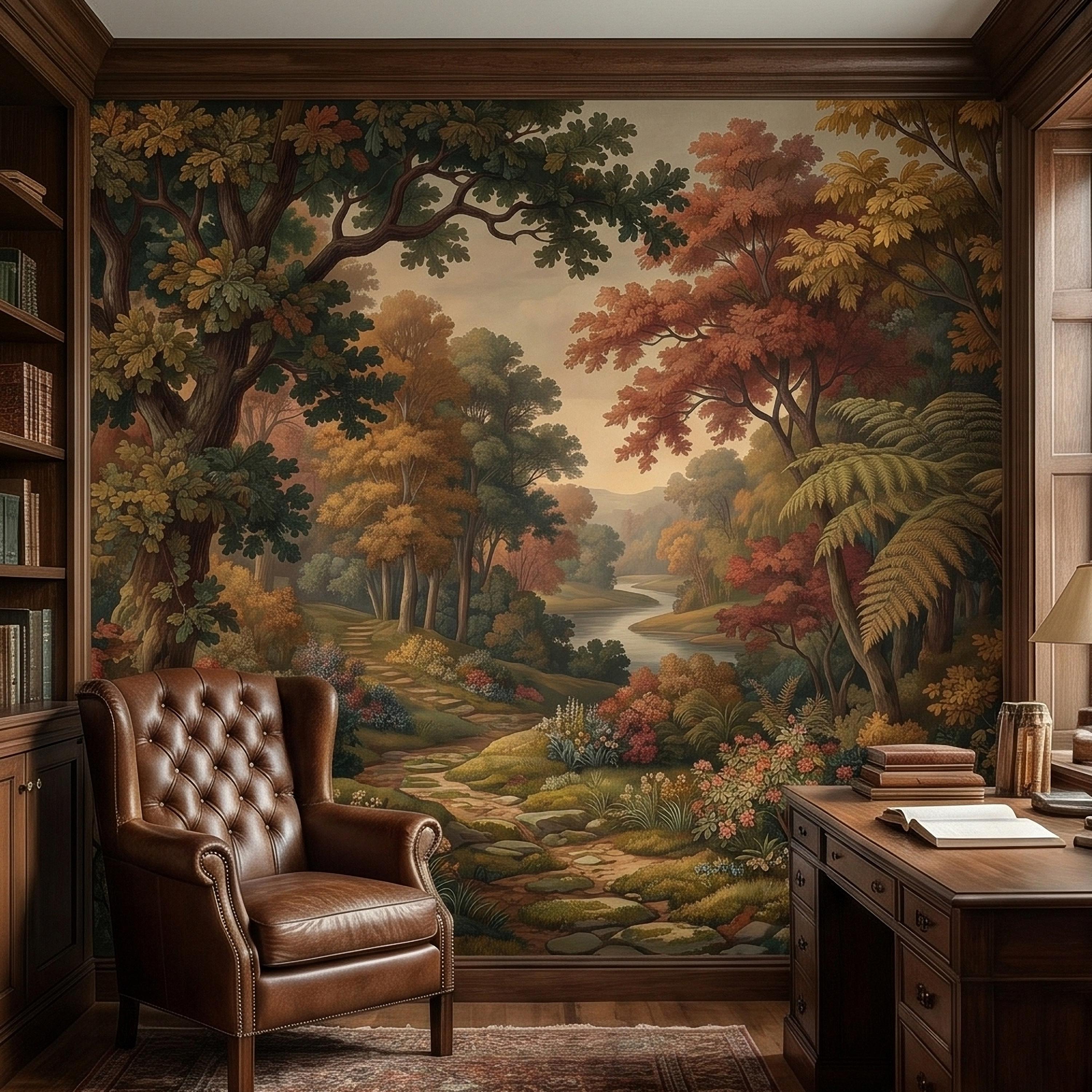 Autumn Woodland River Peel and Stick Wall Mural, Vintage Scenic Forest Path Landscape with Warm Fall Foliage, Classic Botanical Wallpaper