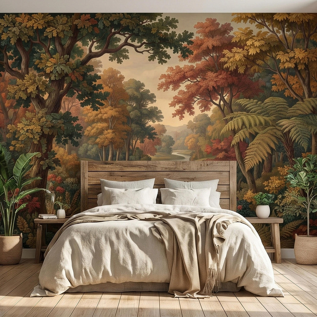 Autumn Woodland River Peel and Stick Wall Mural, Vintage Scenic Forest Path Landscape with Warm Fall Foliage, Classic Botanical Wallpaper