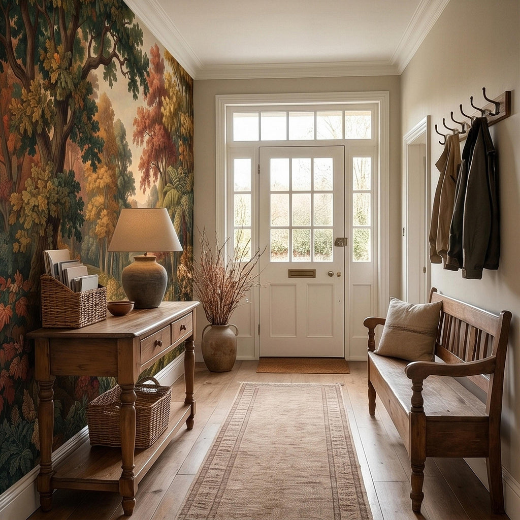 Autumn Woodland River Peel and Stick Wall Mural, Vintage Scenic Forest Path Landscape with Warm Fall Foliage, Classic Botanical Wallpaper