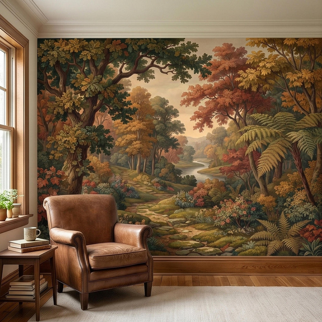 Autumn Woodland River Peel and Stick Wall Mural, Vintage Scenic Forest Path Landscape with Warm Fall Foliage, Classic Botanical Wallpaper