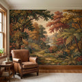 Autumn Woodland River Peel and Stick Wall Mural, Vintage Scenic Forest Path Landscape with Warm Fall Foliage, Classic Botanical Wallpaper