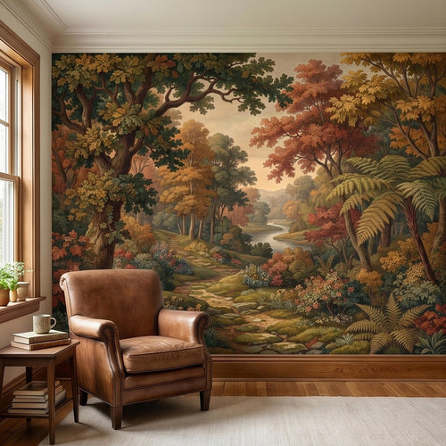 Autumn Woodland River Peel and Stick Wall Mural, Vintage Scenic Forest Path Landscape with Warm Fall Foliage, Classic Botanical Wallpaper - The Fine Art Murals