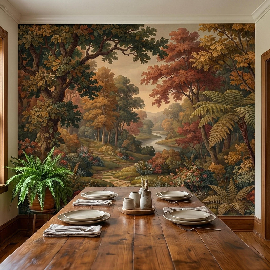 Autumn Woodland River Peel and Stick Wall Mural, Vintage Scenic Forest Path Landscape with Warm Fall Foliage, Classic Botanical Wallpaper