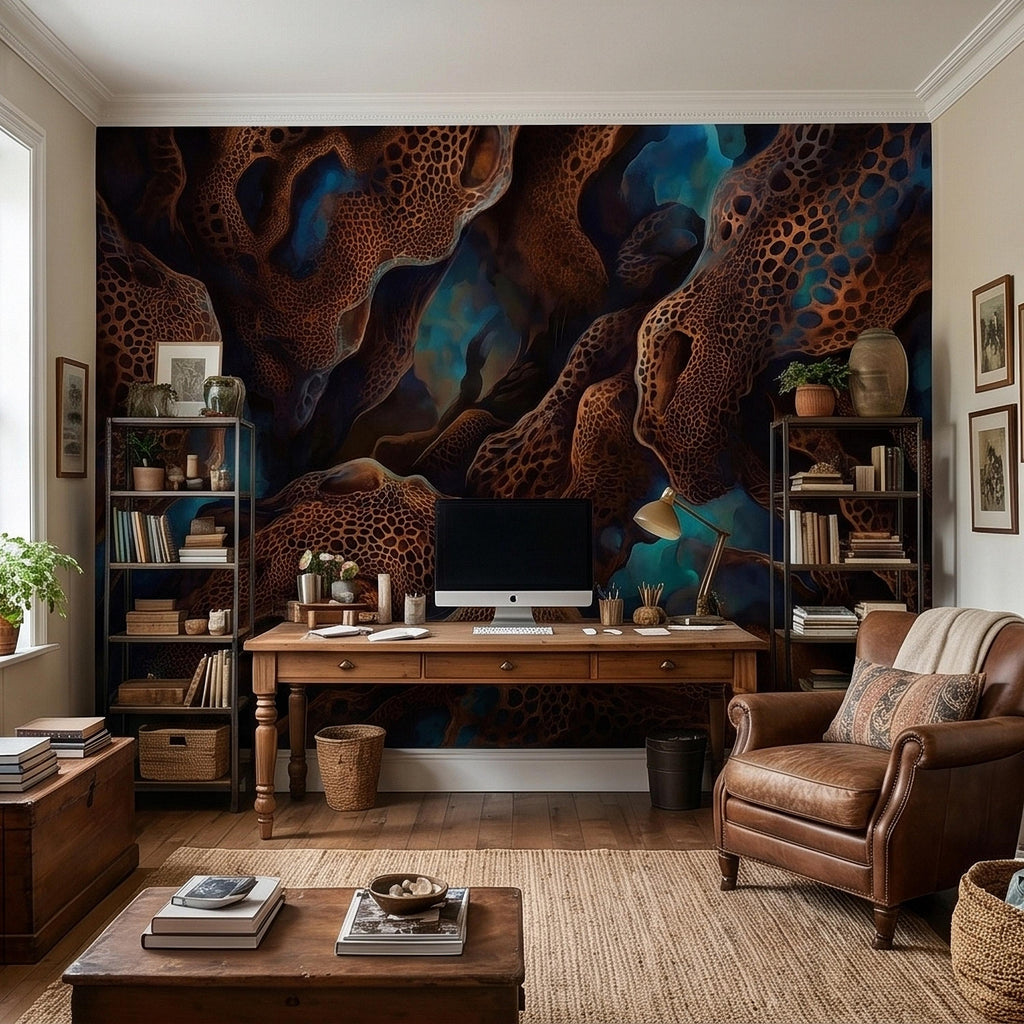 Abstract Cellular Copper Peel and Stick Wall Mural, Dark Teal Organic Coral Texture 3D Look, Modern Moody Wallpaper