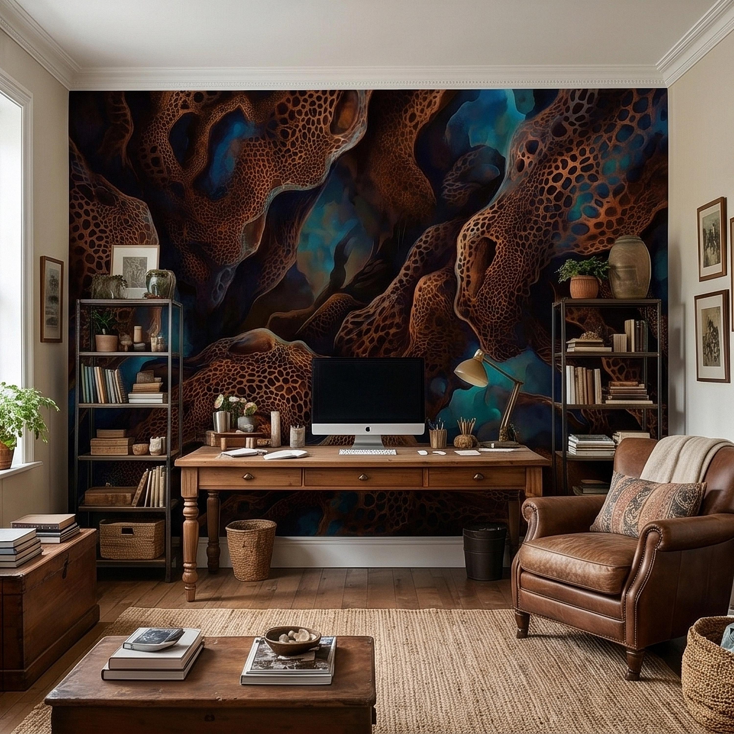 Abstract Cellular Copper Peel and Stick Wall Mural, Dark Teal Organic Coral Texture 3D Look, Modern Moody Wallpaper