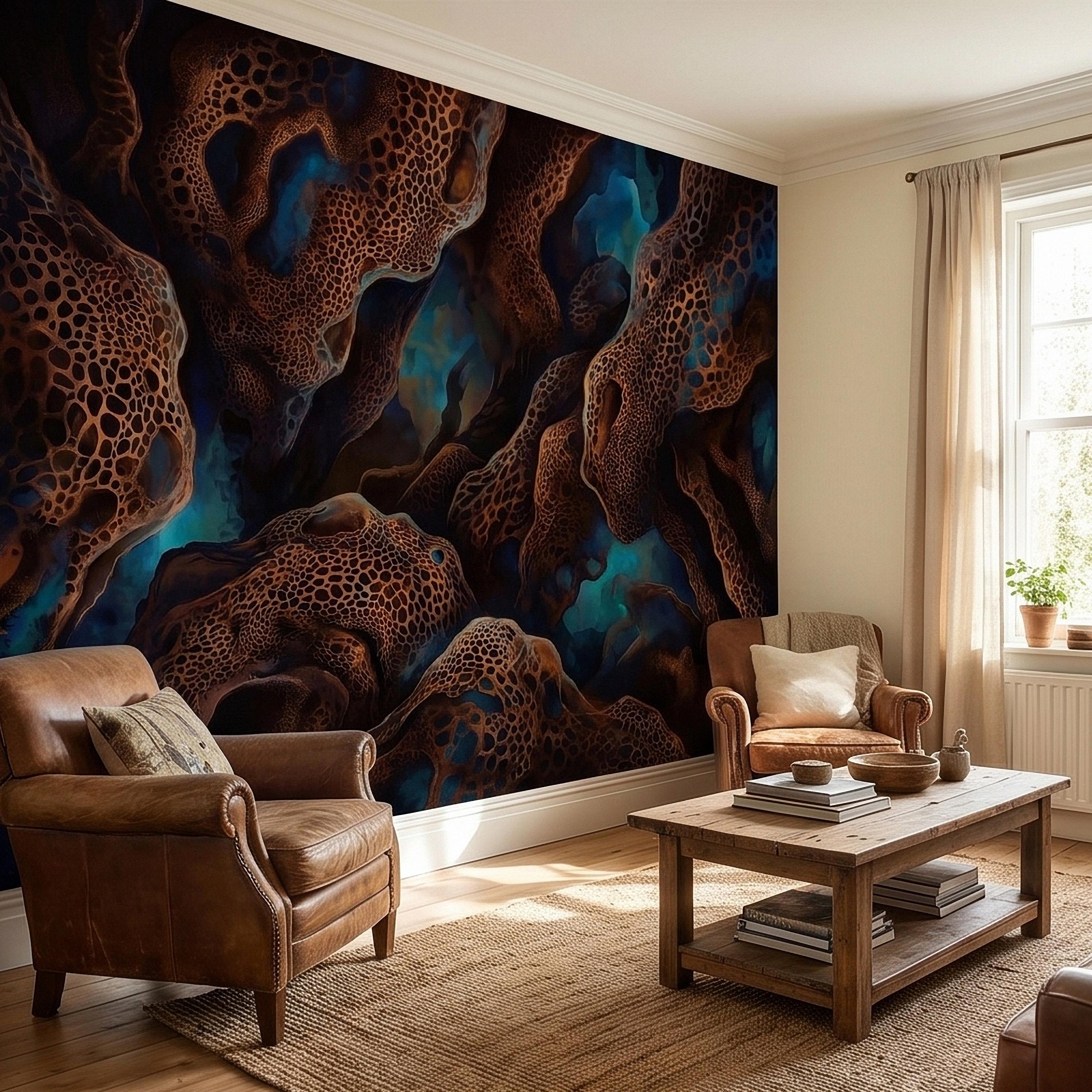 Abstract Cellular Copper Peel and Stick Wall Mural, Dark Teal Organic Coral Texture 3D Look, Modern Moody Wallpaper