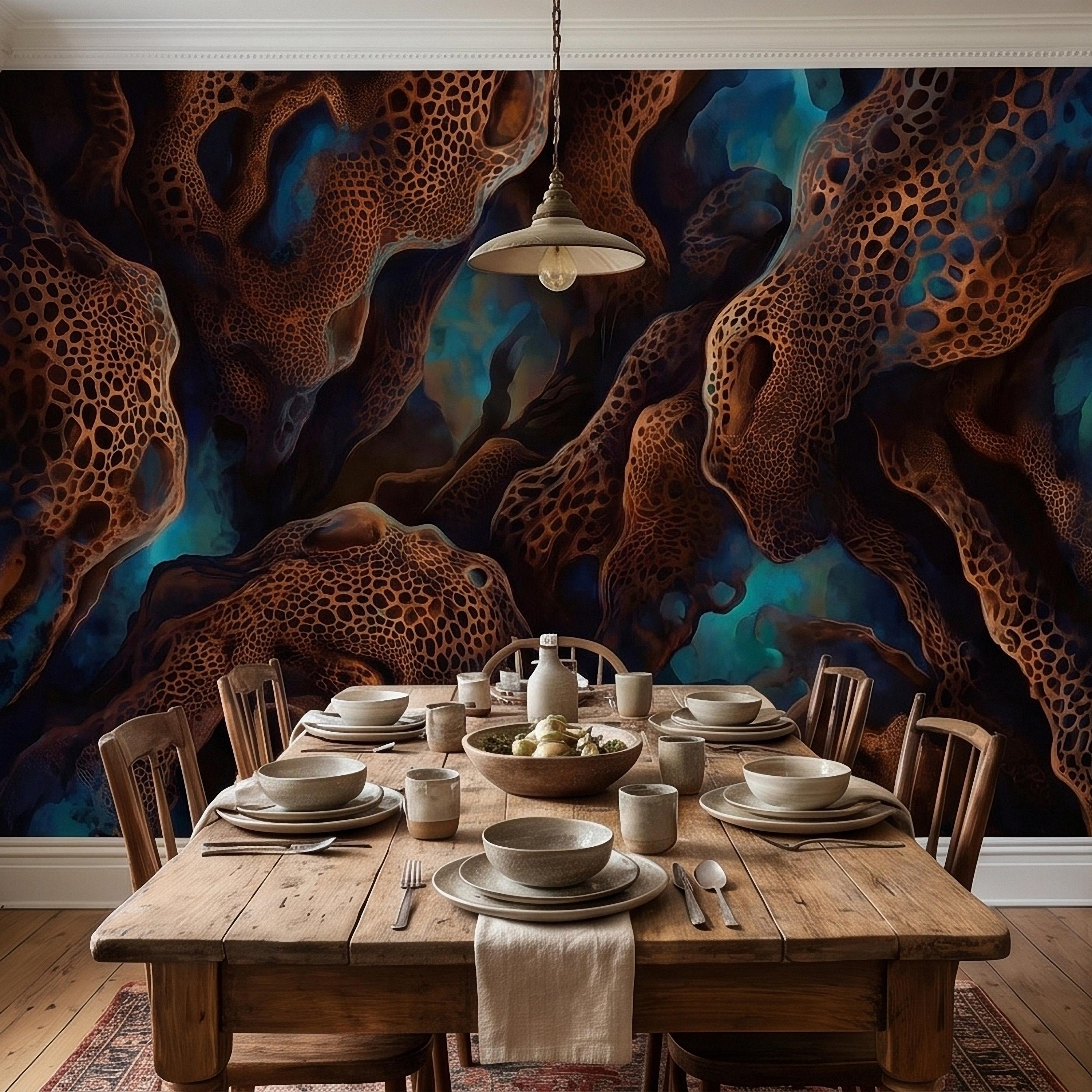 Abstract Cellular Copper Peel and Stick Wall Mural, Dark Teal Organic Coral Texture 3D Look, Modern Moody Wallpaper