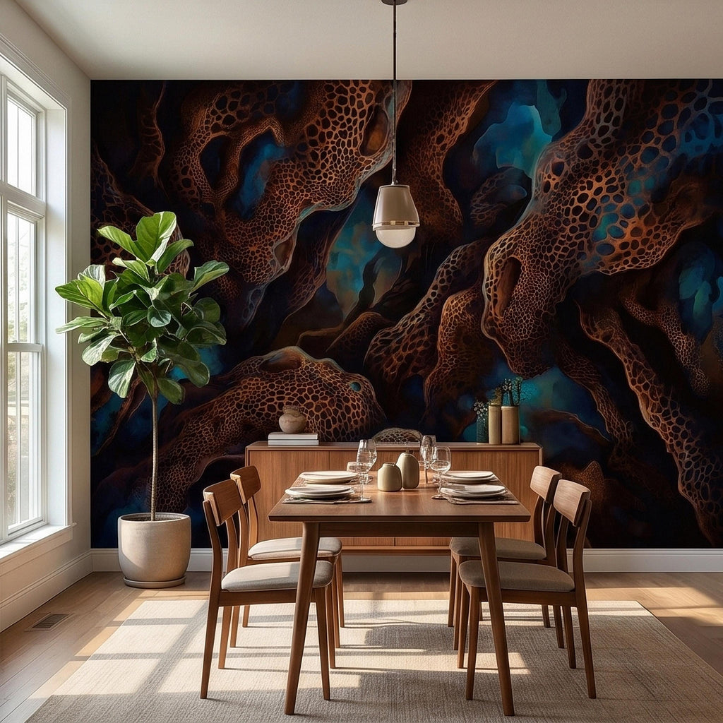 Abstract Cellular Copper Peel and Stick Wall Mural, Dark Teal Organic Coral Texture 3D Look, Modern Moody Wallpaper