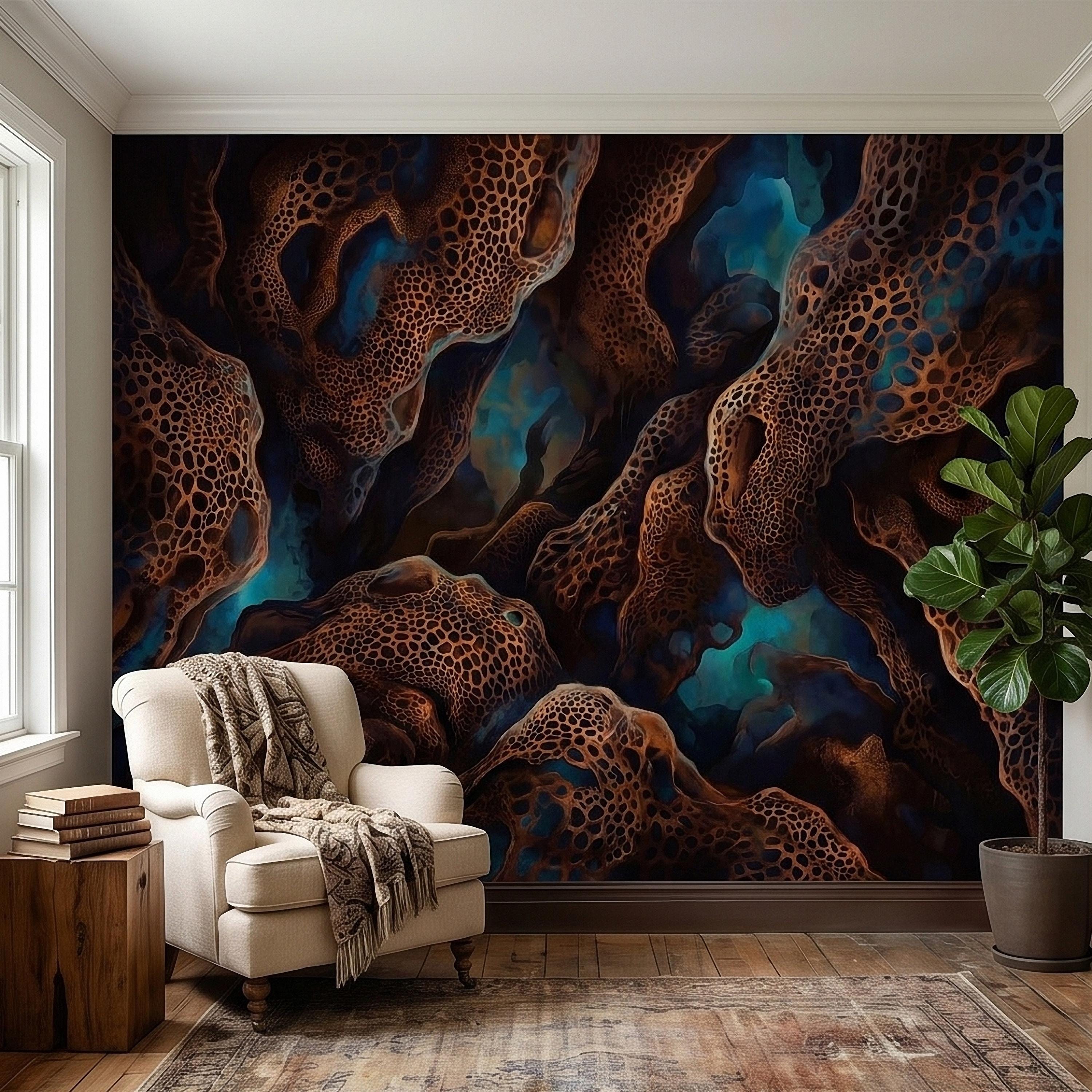 Abstract Cellular Copper Peel and Stick Wall Mural, Dark Teal Organic Coral Texture 3D Look, Modern Moody Wallpaper