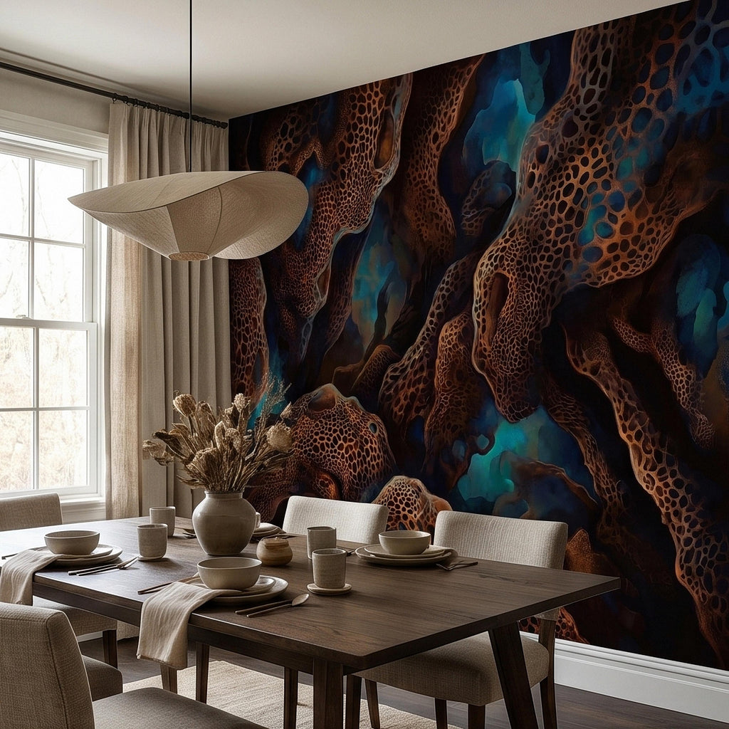 Abstract Cellular Copper Peel and Stick Wall Mural, Dark Teal Organic Coral Texture 3D Look, Modern Moody Wallpaper