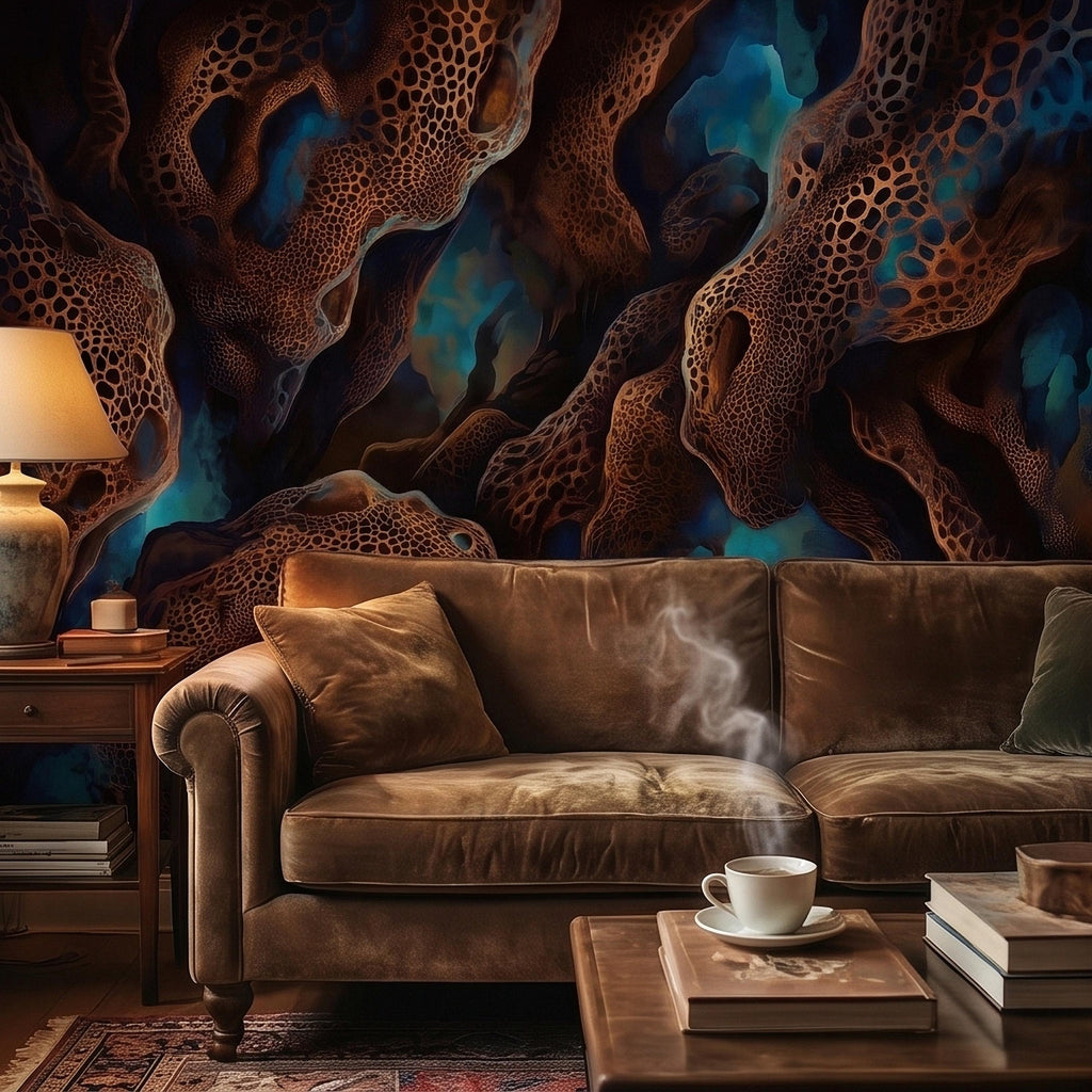 Abstract Cellular Copper Peel and Stick Wall Mural, Dark Teal Organic Coral Texture 3D Look, Modern Moody Wallpaper