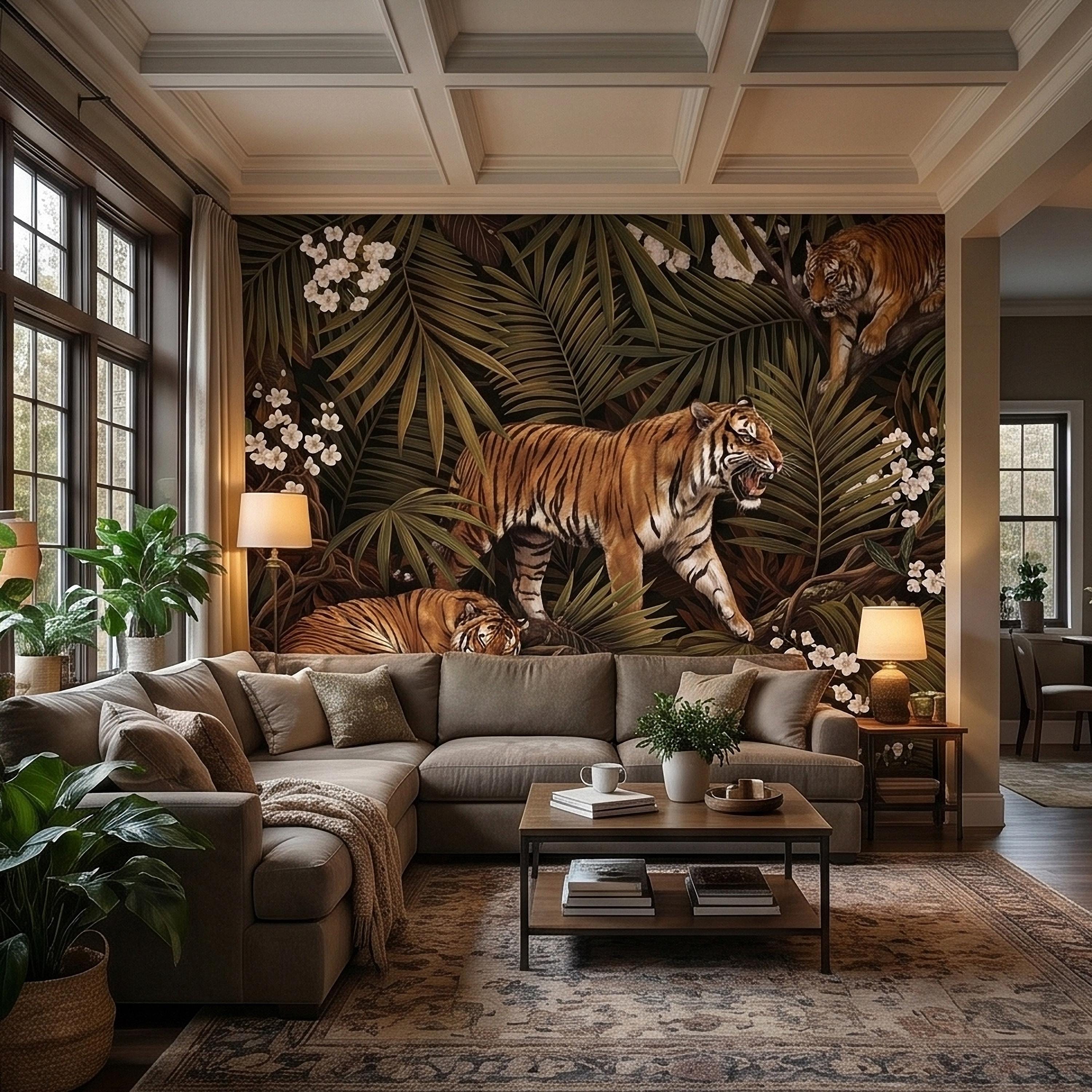 Tigers and Palm Leaves Peel and Stick Wall Mural, Dark Olive Jungle Botanical with White Blossoms Moody Noir Tropical Tiger Animal Wallpaper