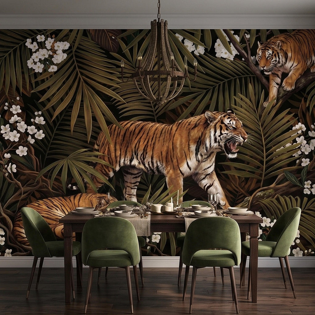 Tigers and Palm Leaves Peel and Stick Wall Mural, Dark Olive Jungle Botanical with White Blossoms Moody Noir Tropical Tiger Animal Wallpaper