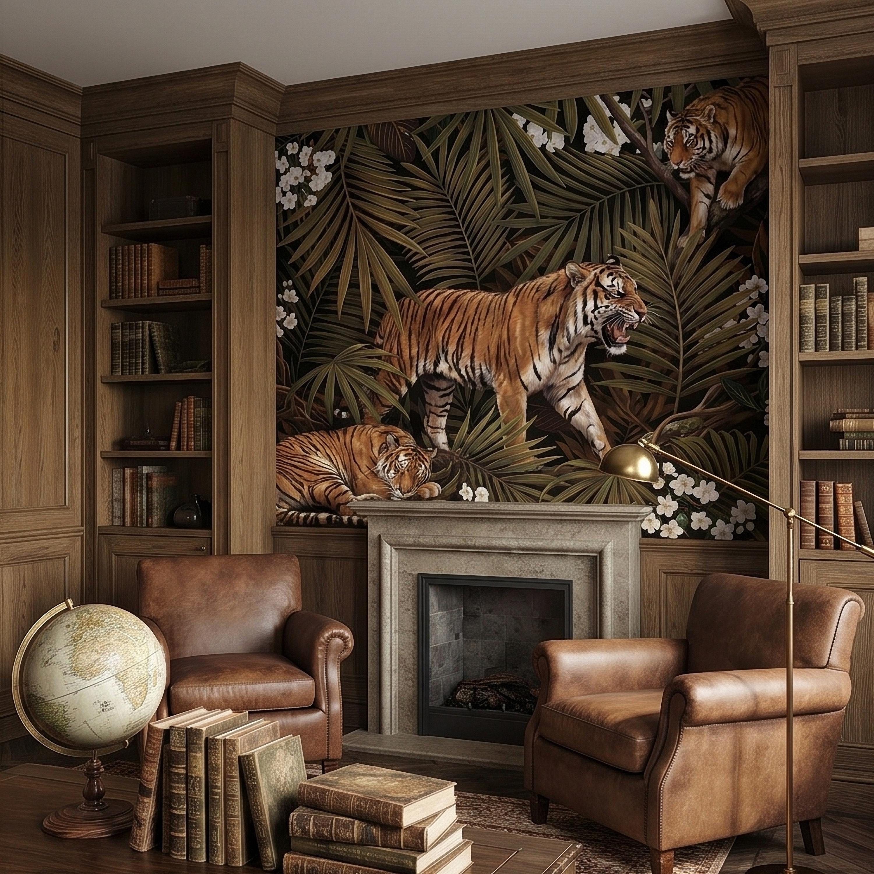 Tigers and Palm Leaves Peel and Stick Wall Mural, Dark Olive Jungle Botanical with White Blossoms Moody Noir Tropical Tiger Animal Wallpaper