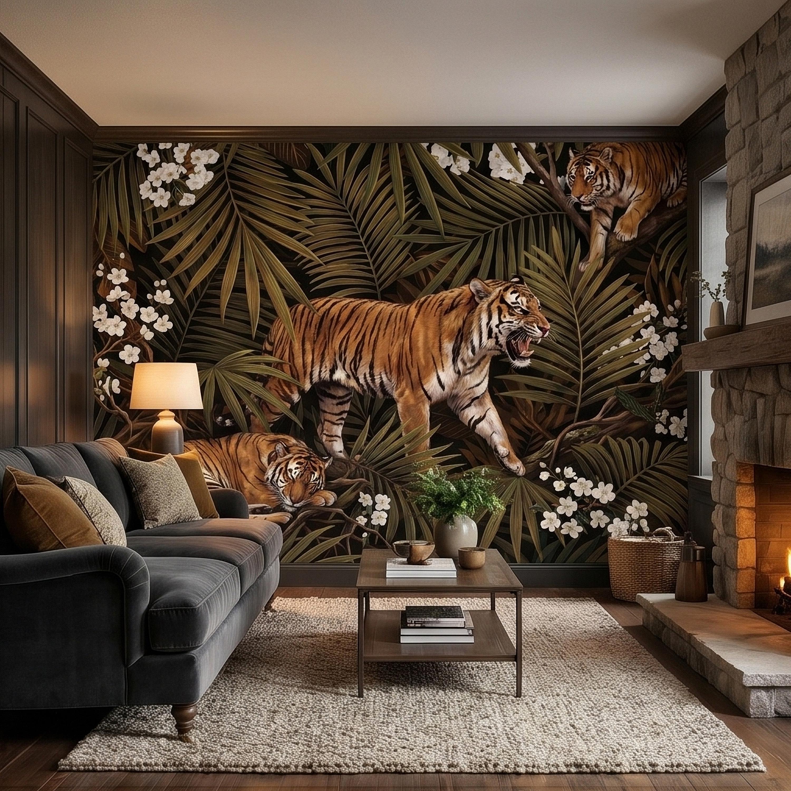Tigers and Palm Leaves Peel and Stick Wall Mural, Dark Olive Jungle Botanical with White Blossoms Moody Noir Tropical Tiger Animal Wallpaper