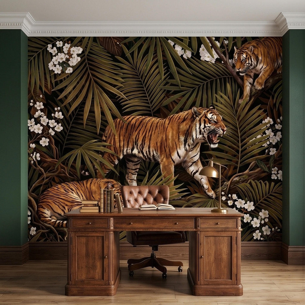 Tigers and Palm Leaves Peel and Stick Wall Mural, Dark Olive Jungle Botanical with White Blossoms Moody Noir Tropical Tiger Animal Wallpaper