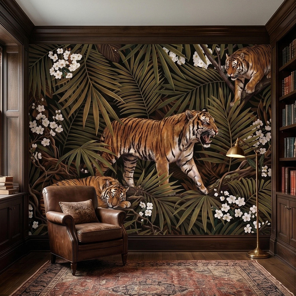 Tigers and Palm Leaves Peel and Stick Wall Mural, Dark Olive Jungle Botanical with White Blossoms Moody Noir Tropical Tiger Animal Wallpaper