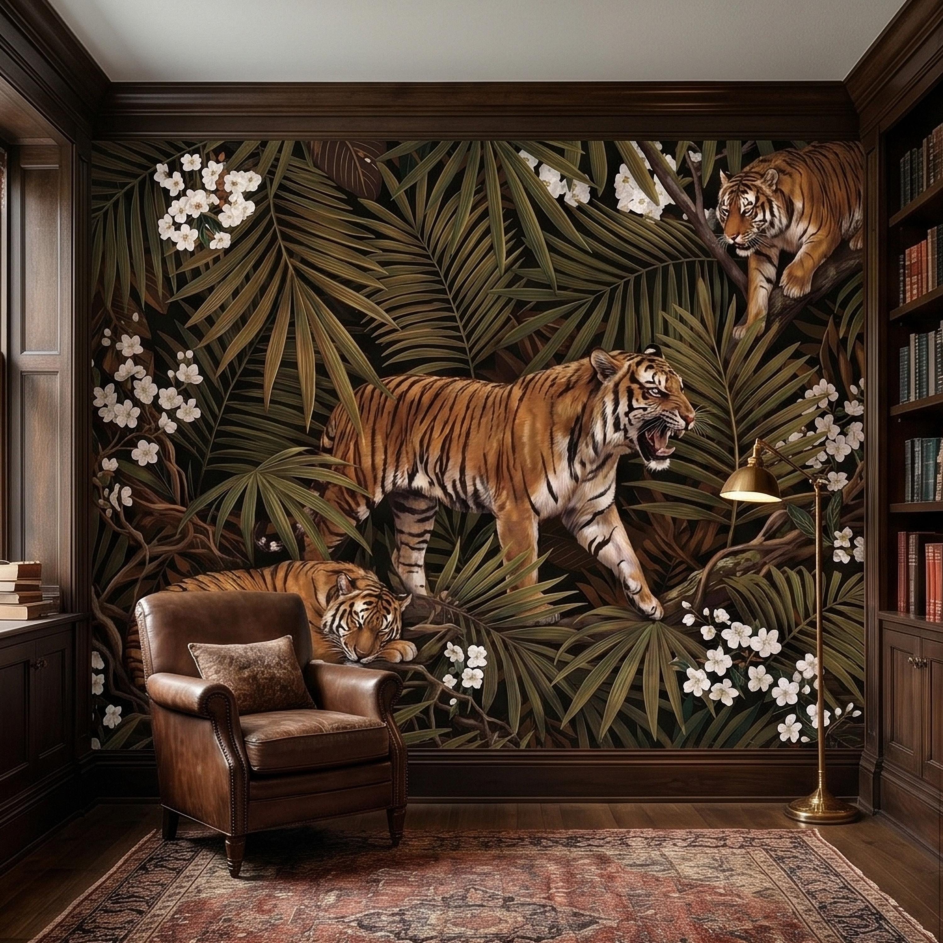 Tigers and Palm Leaves Peel and Stick Wall Mural, Dark Olive Jungle Botanical with White Blossoms Moody Noir Tropical Tiger Animal Wallpaper